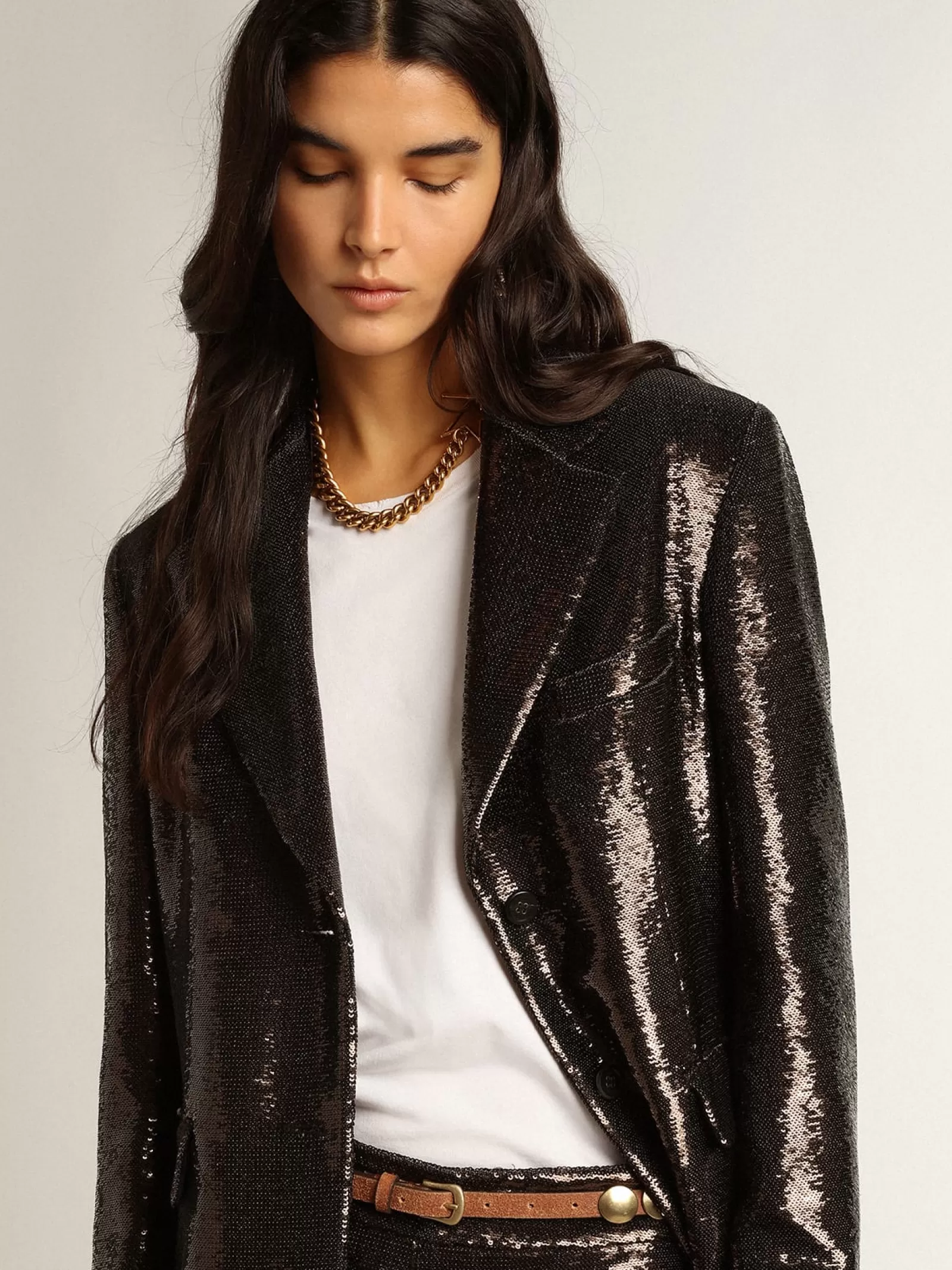 Blazer droit gris avec sequins all-over | Golden Goose Shop