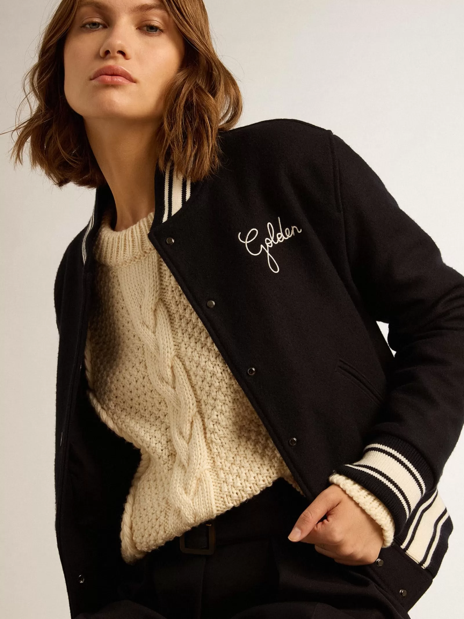 Bomber femme en laine bleu foncé avec détails blancs | Golden Goose Outlet