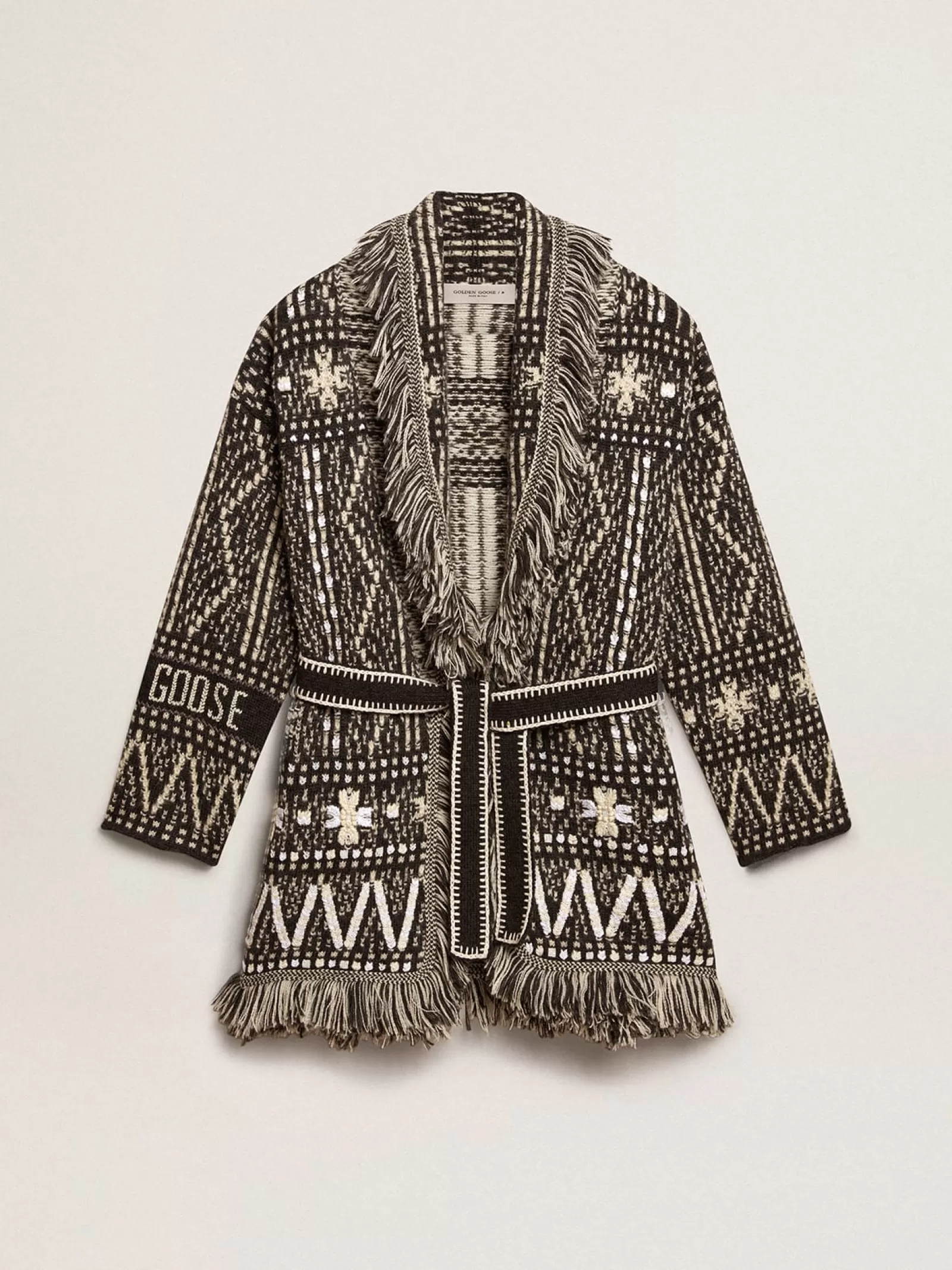 Cardigan avec ceinture et motif Fair Isle gris foncé | Golden Goose Sale