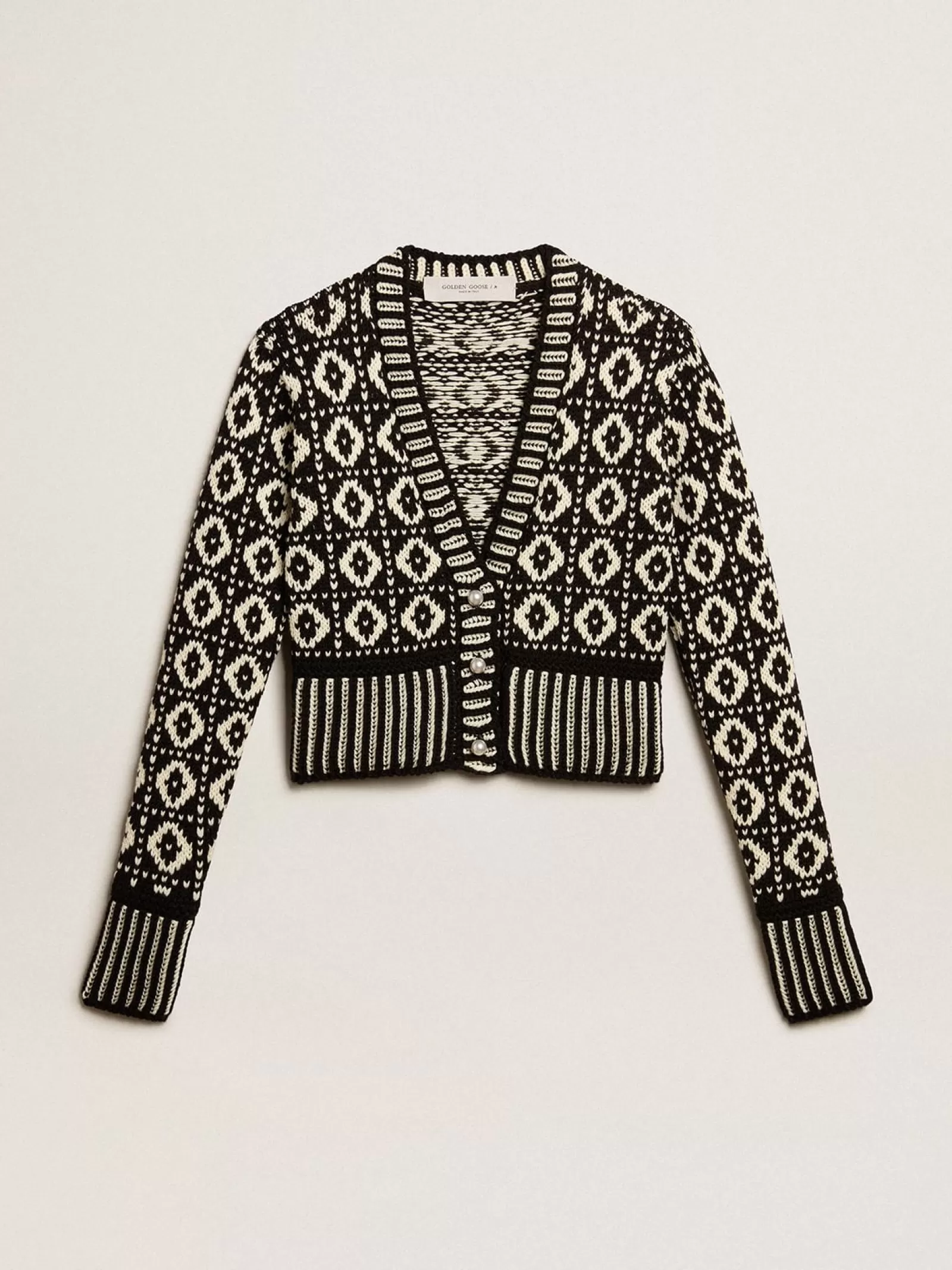 Cardigan cropped à motifs géométriques blanc antique et noir | Golden Goose Store