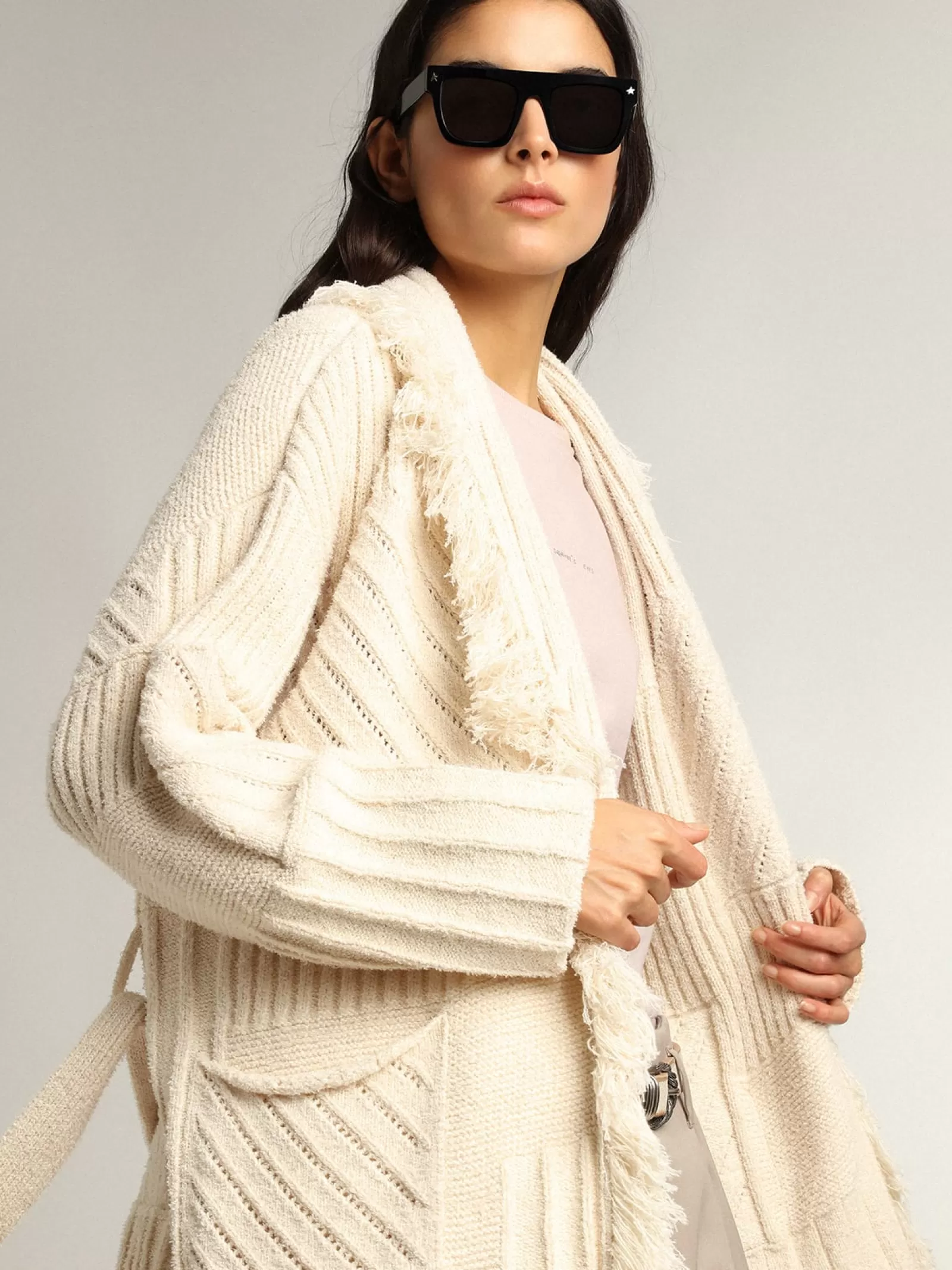 Cardigan en coton couleur papyrus avec ceinture | Golden Goose Clearance