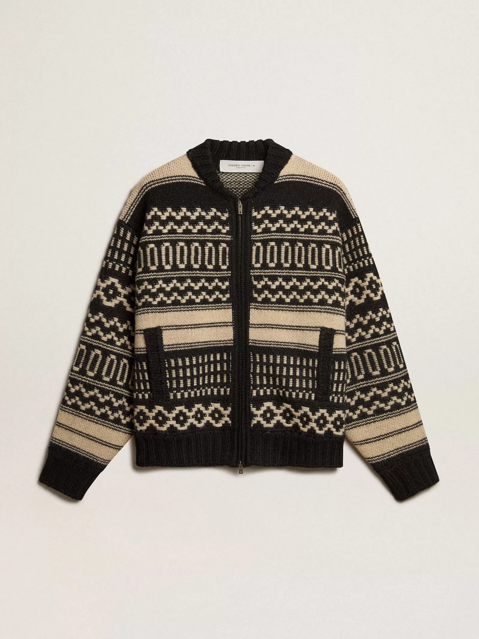 Cardigan homme en laine écrue à motif jacquard | Golden Goose Clearance