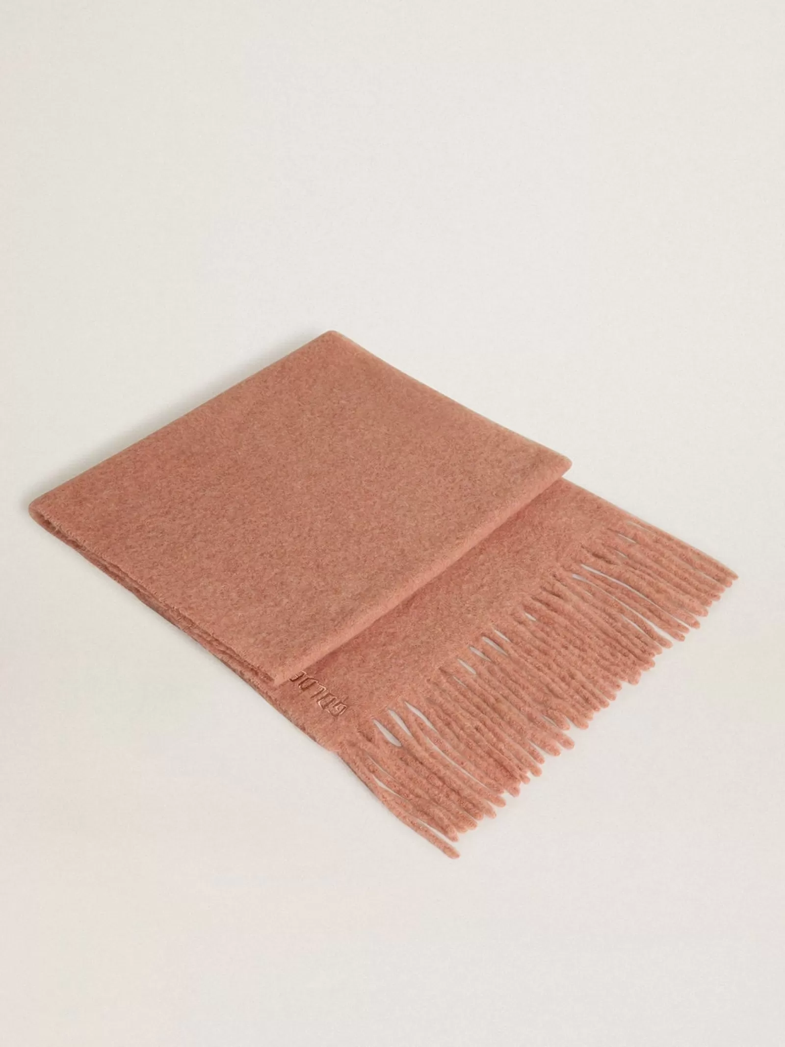 Écharpe en laine rose poudré avec franges et inscription Golden | Golden Goose New