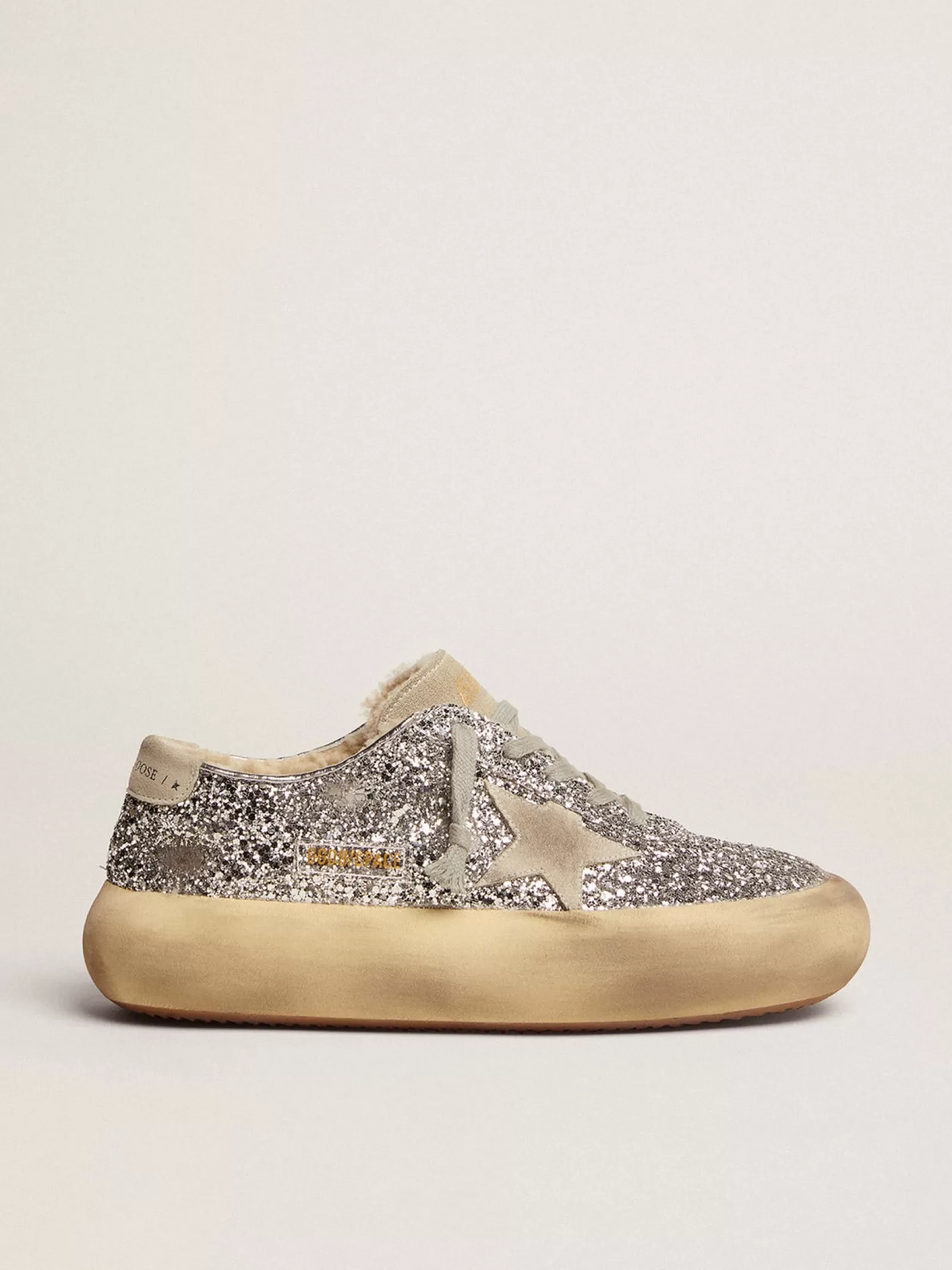 Chaussures Space-Star à paillettes argentées avec doublure en shearling | Golden Goose New