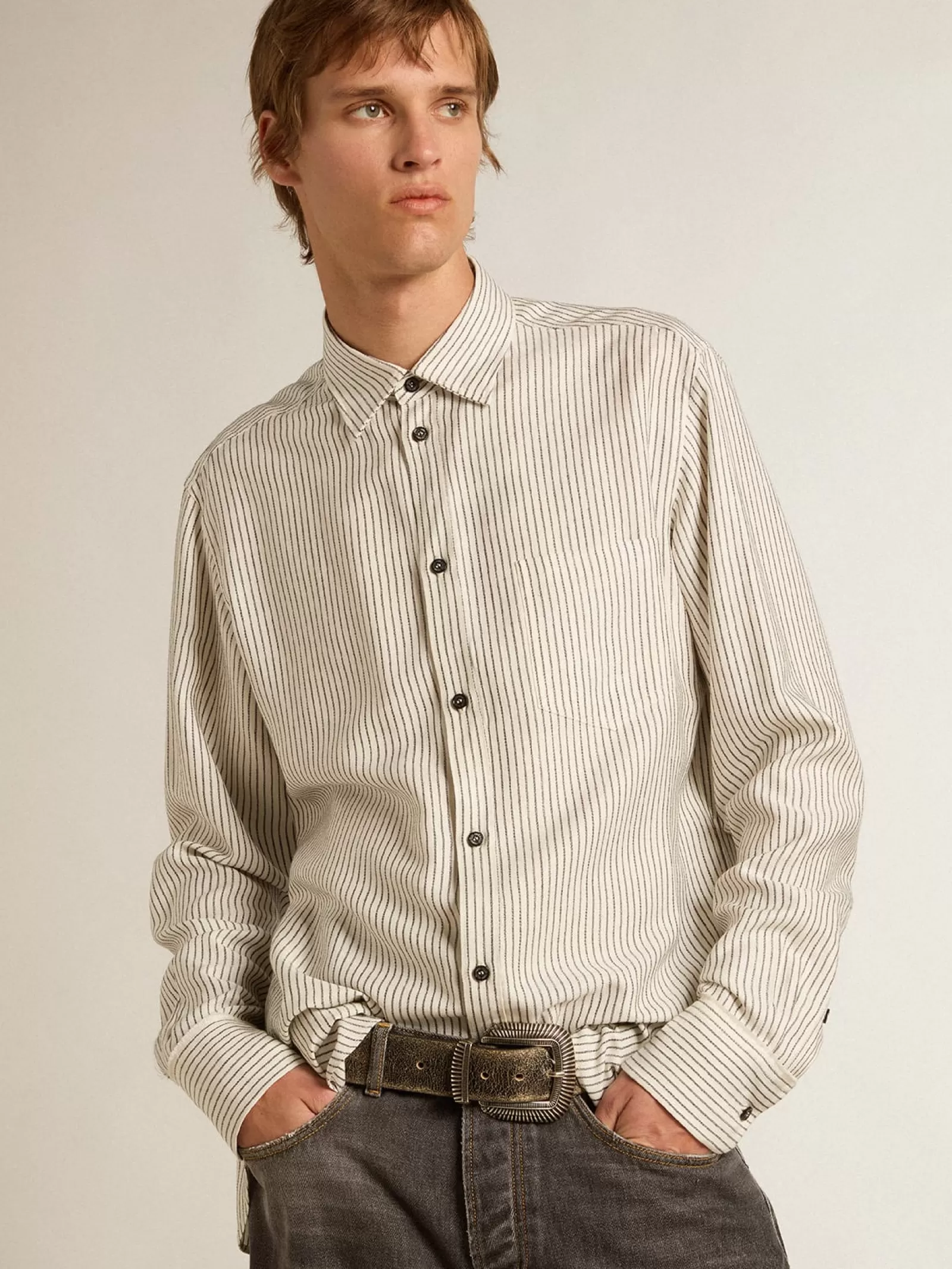 Chemise blanche homme en viscose à fines rayures noires | Golden Goose Cheap