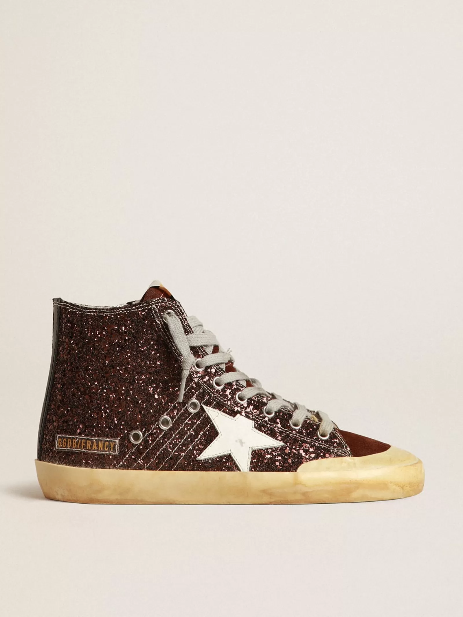 Francy Penstar à paillettes marron avec étoile en cuir blanc | Golden Goose Sale