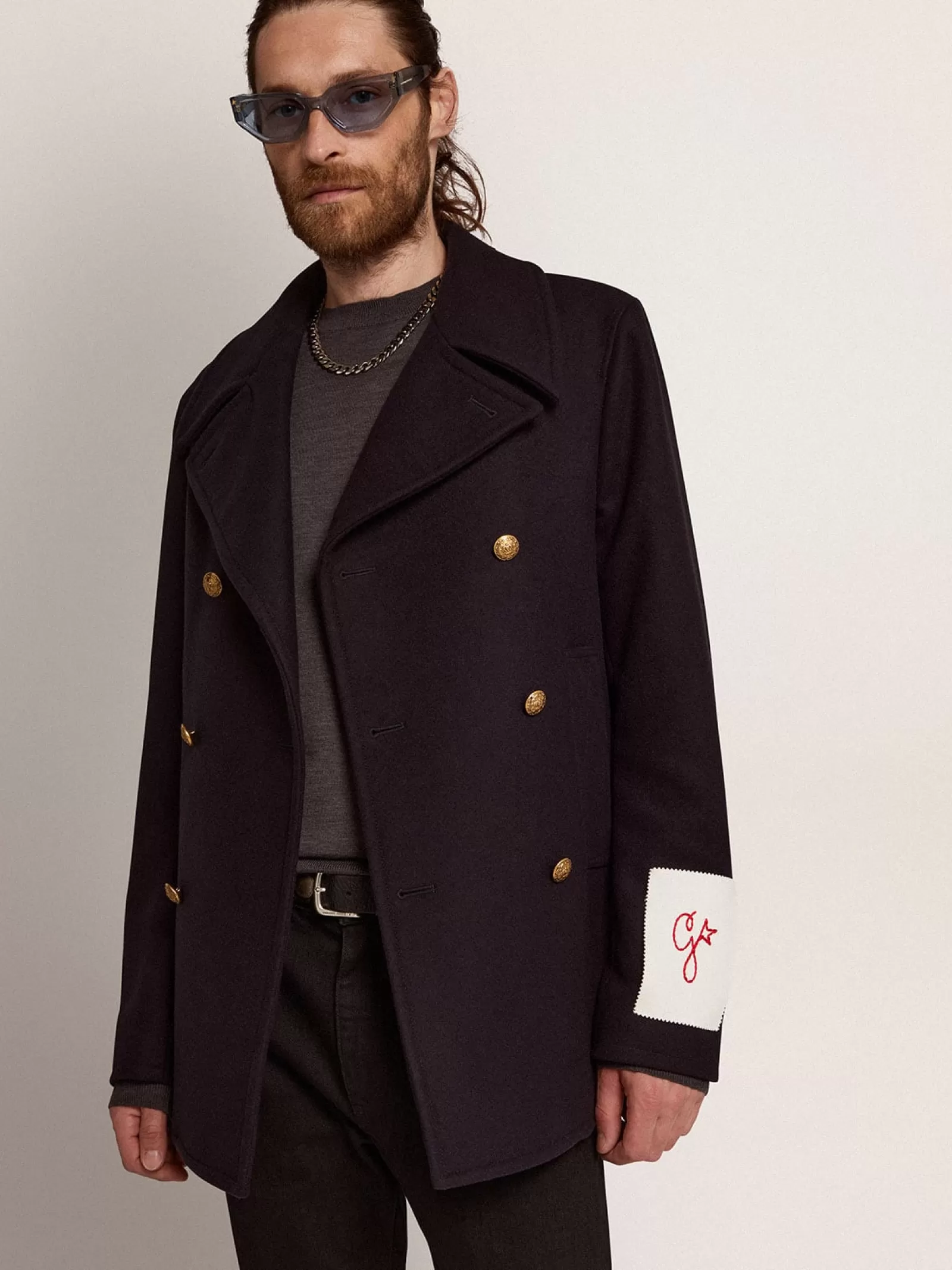Manteau croisé homme en laine bleu foncé avec boutons dorés | Golden Goose Cheap