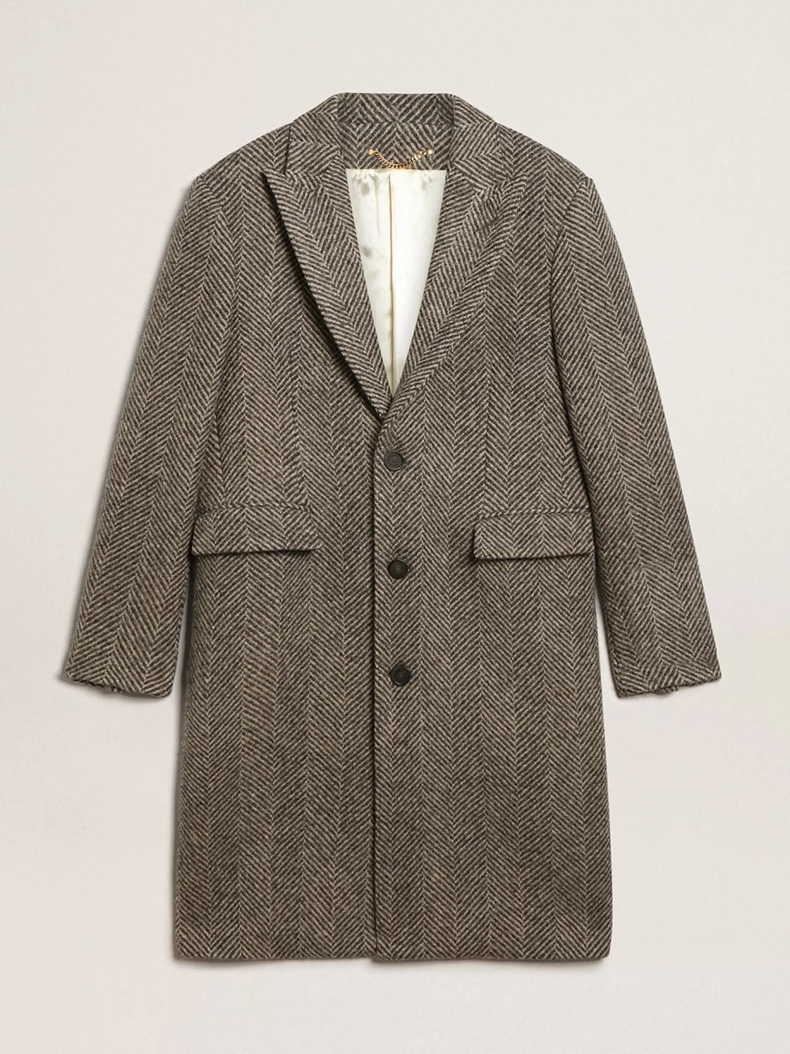 Manteau droit homme en laine avec trame à chevrons beige et gris | Golden Goose Best