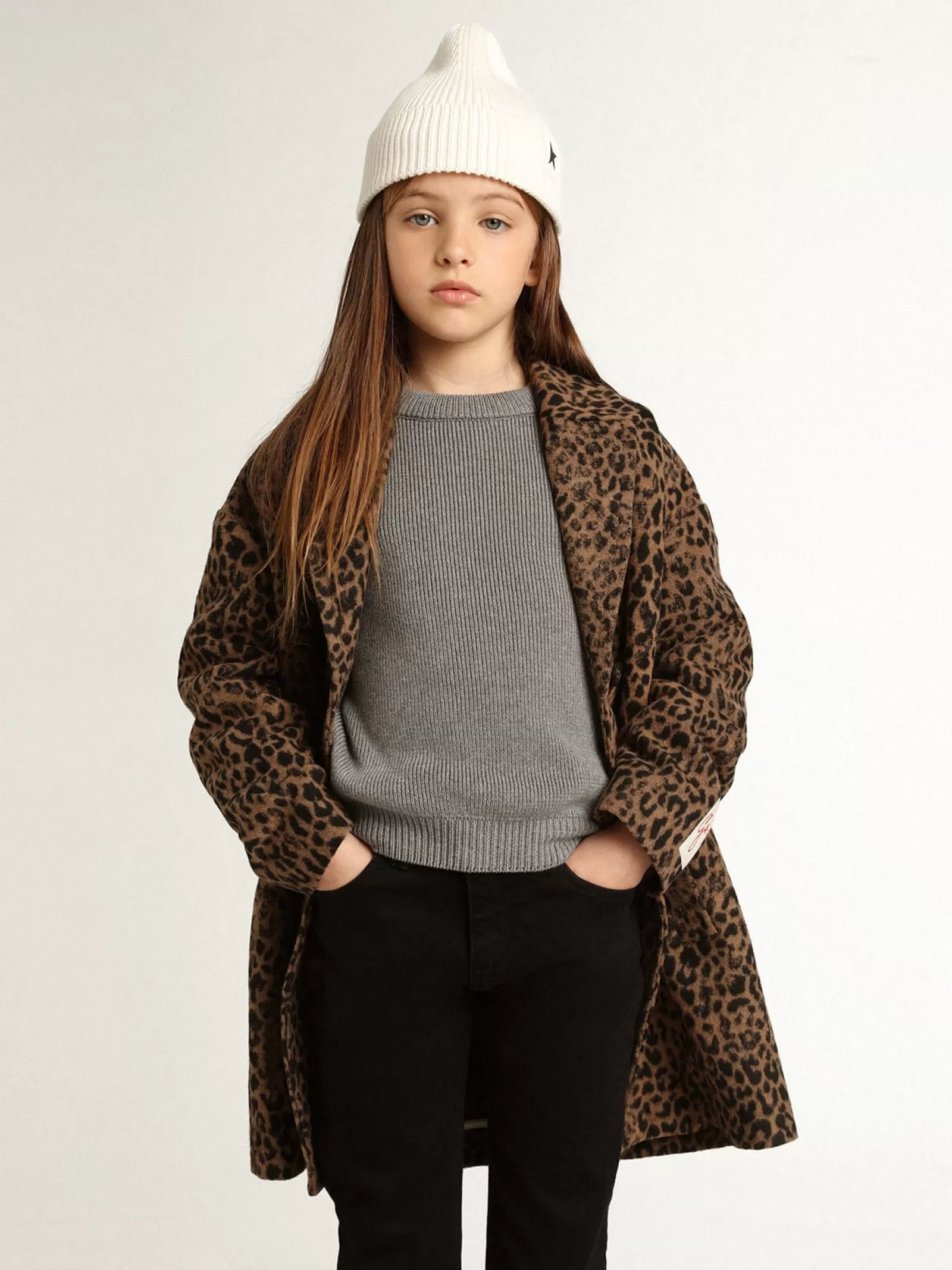 Manteau droit pour fille en laine avec motif animalier jacquard | Golden Goose Best
