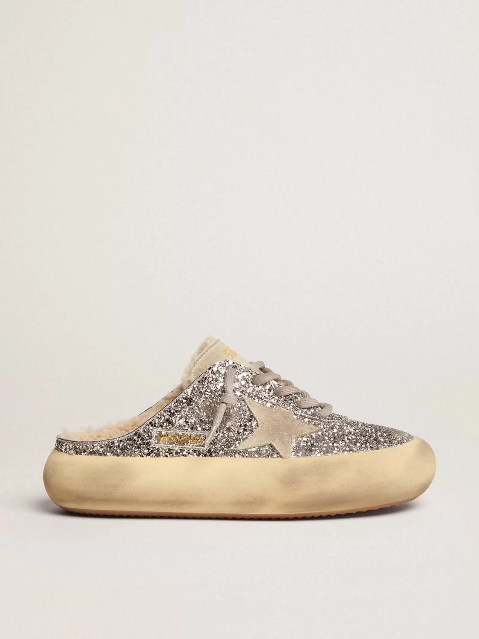 Mules Space-Star femme à paillettes argentées et doublure en shearling | Golden Goose Best Sale