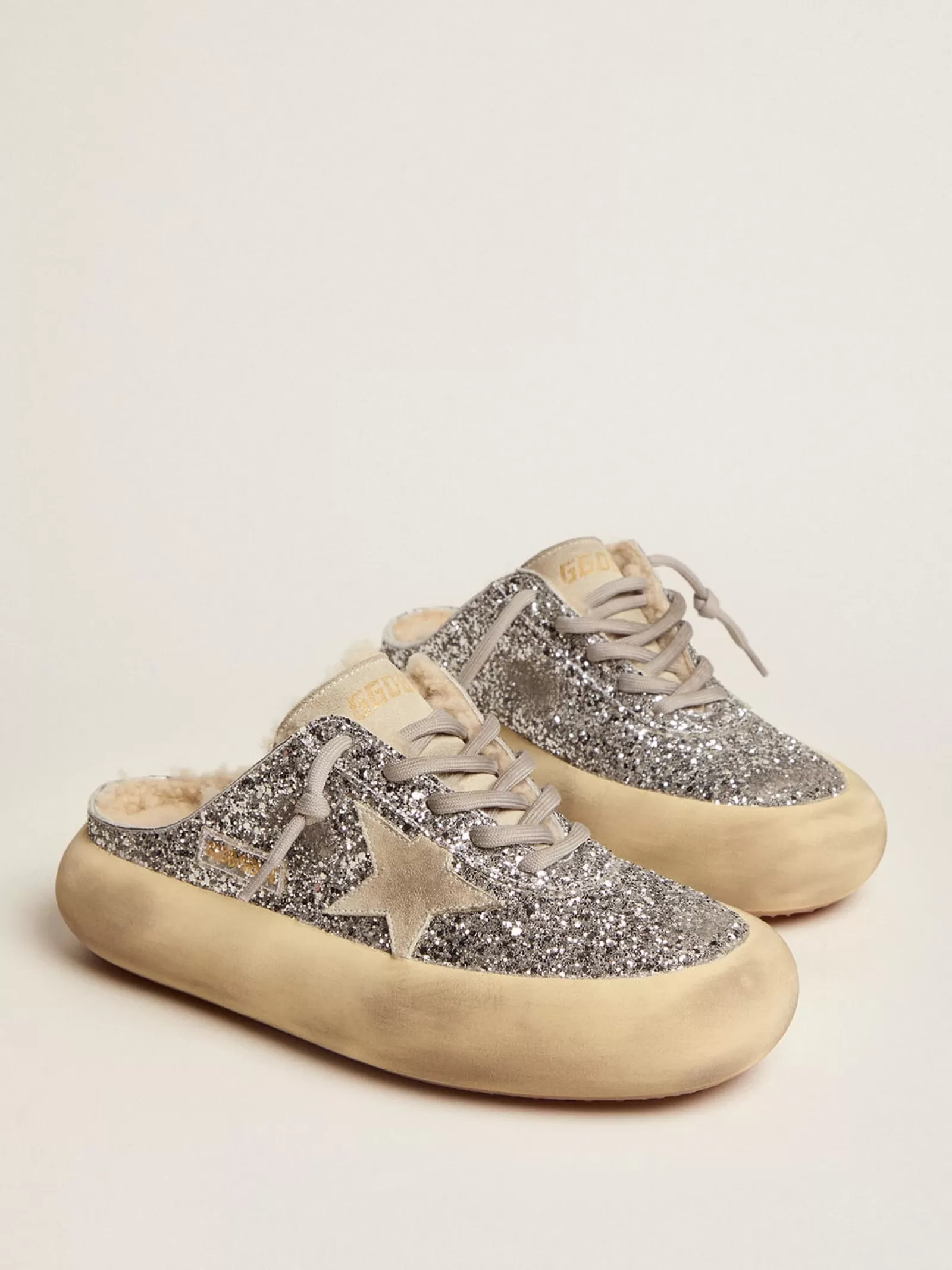 Mules Space-Star femme à paillettes argentées et doublure en shearling | Golden Goose Best Sale