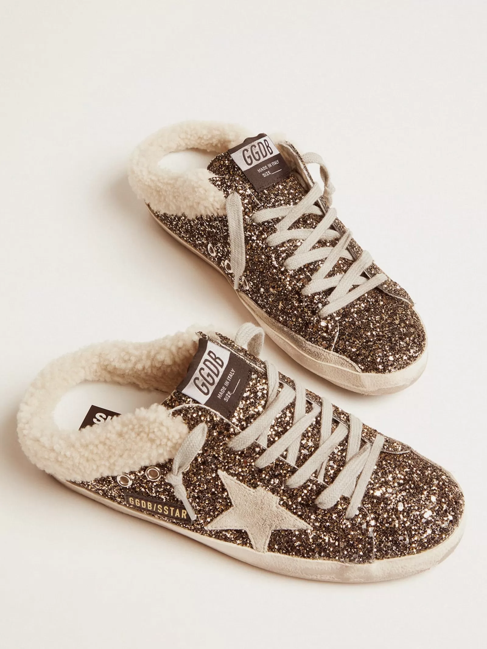 Mules Super-Star femme à paillettes et intérieur en shearling | Golden Goose Outlet