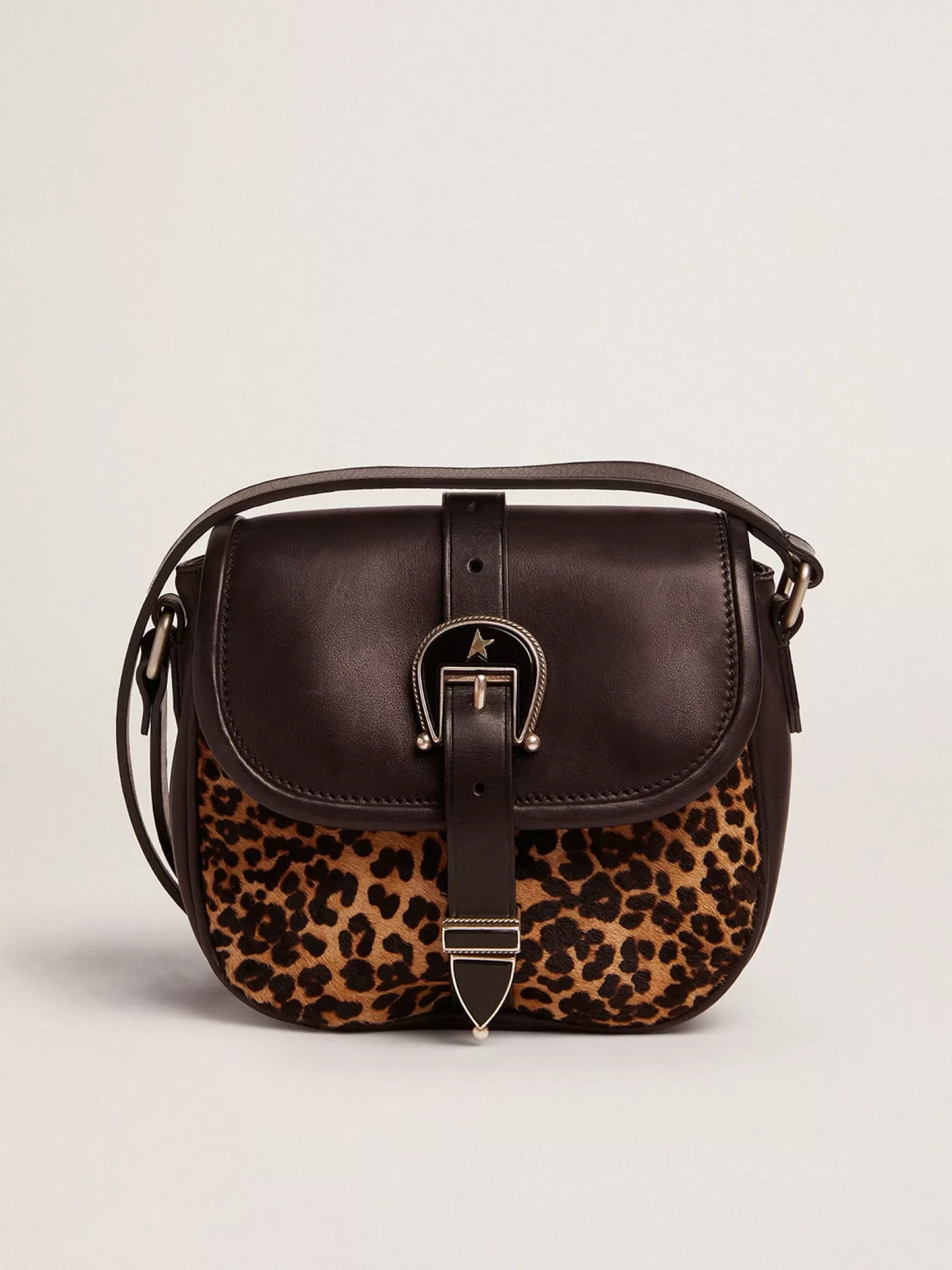Petit sac Rodeo Bag en cuir noir et cuir façon poulain à imprimé léopard | Golden Goose Hot