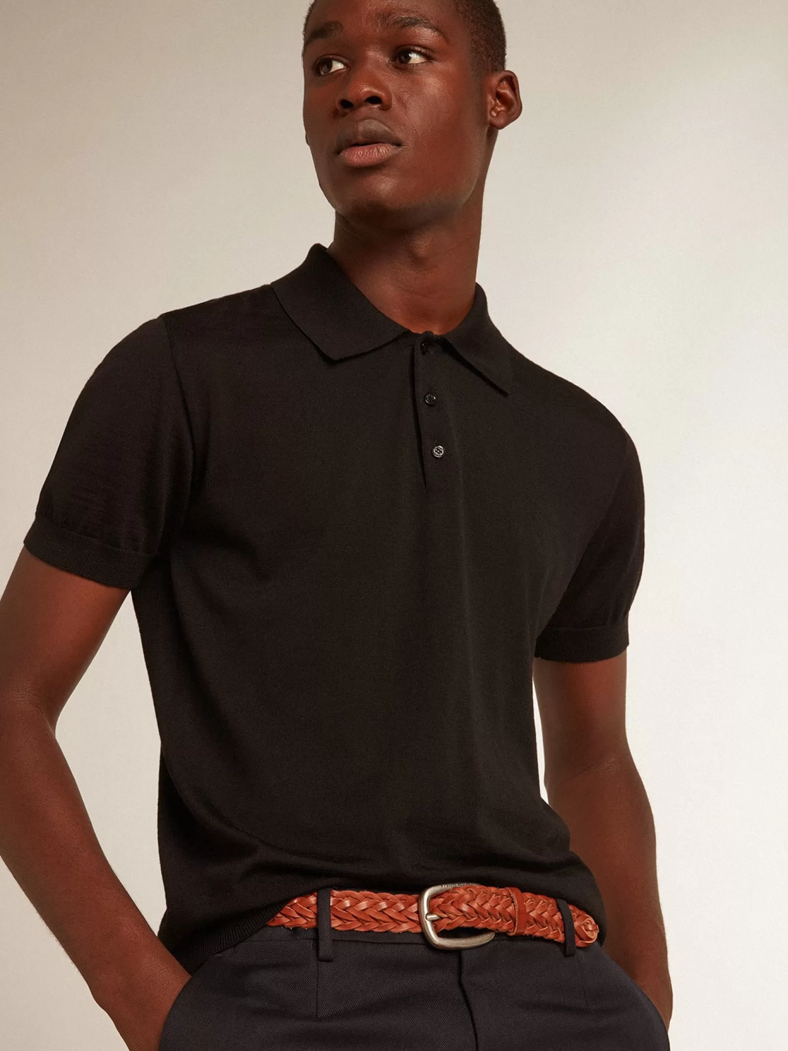 Polo noir à manches courtes pour homme en laine mérinos | Golden Goose New