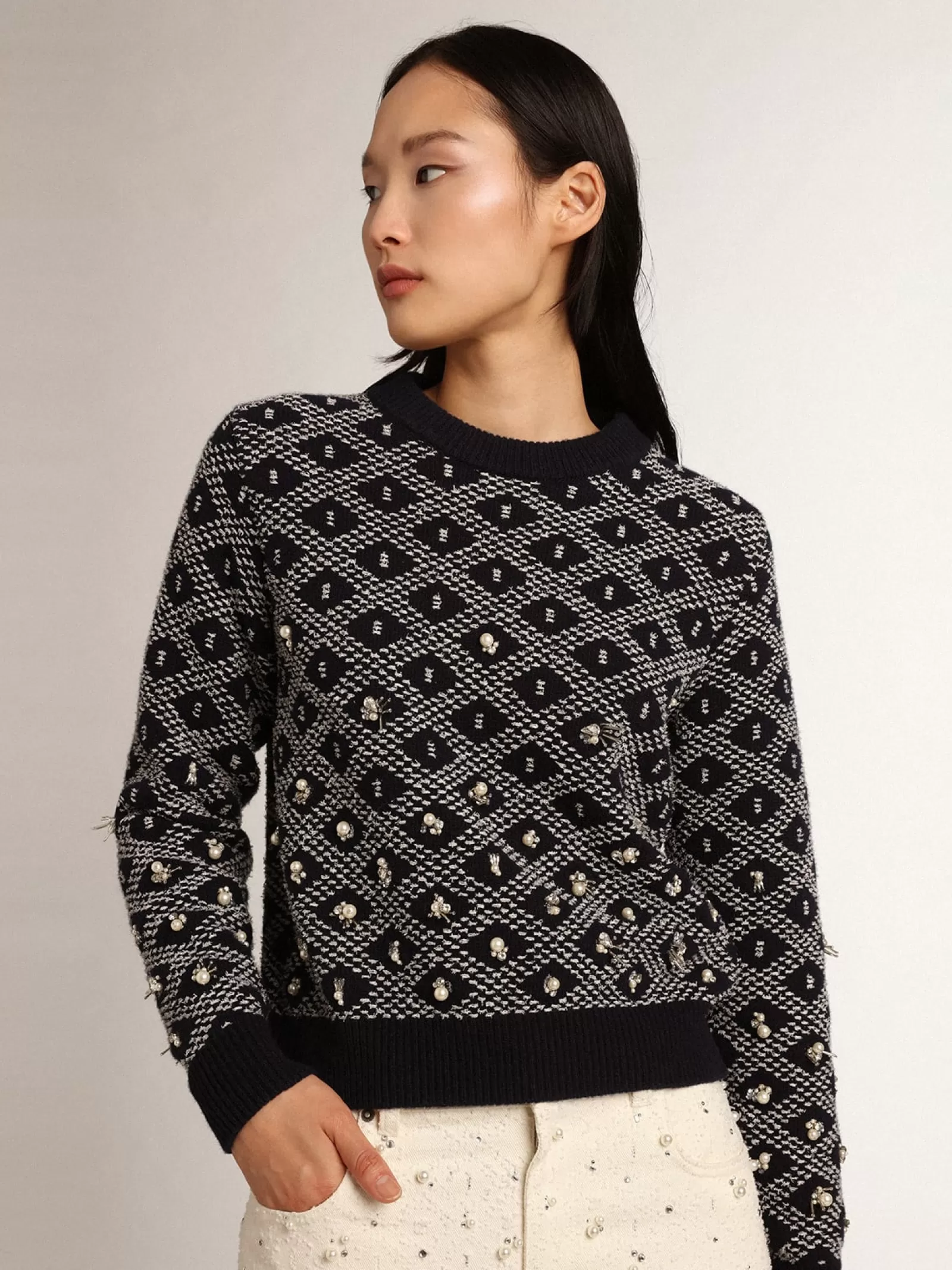 Pull à col rond femme à motifs géométriques blancs et bleus | Golden Goose Shop