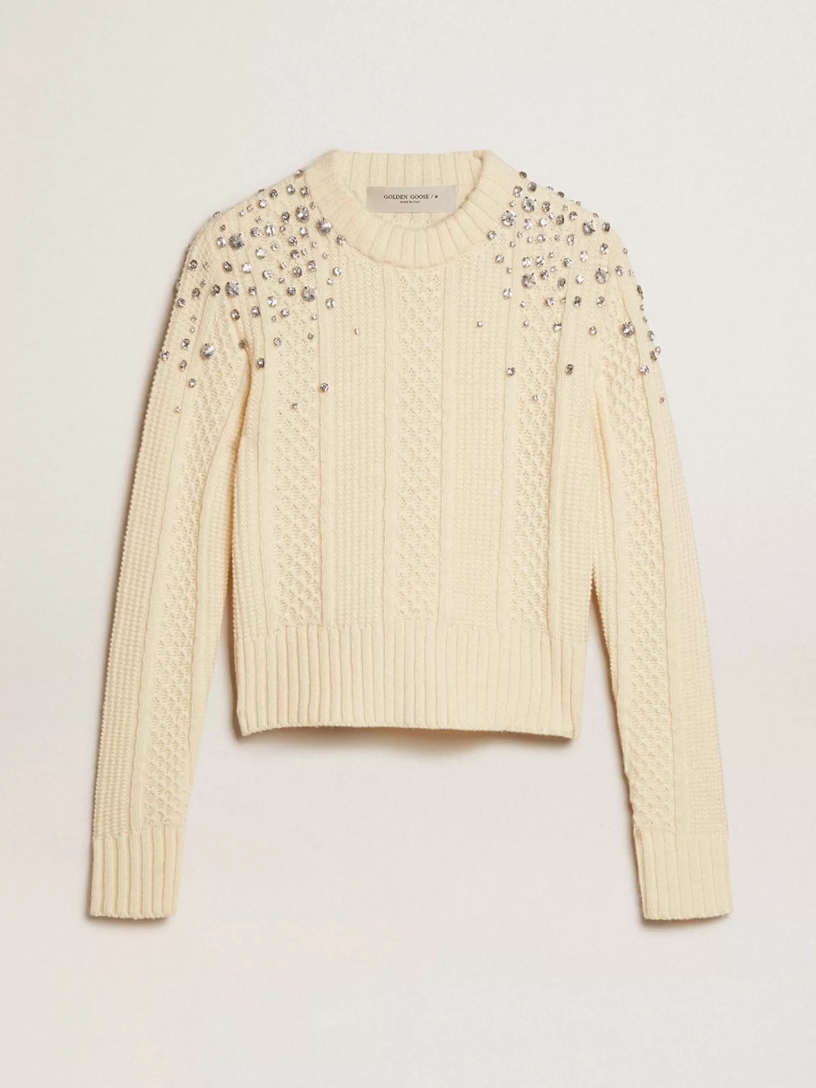 Pull cropped blanc en laine avec cristaux appliqués | Golden Goose Shop