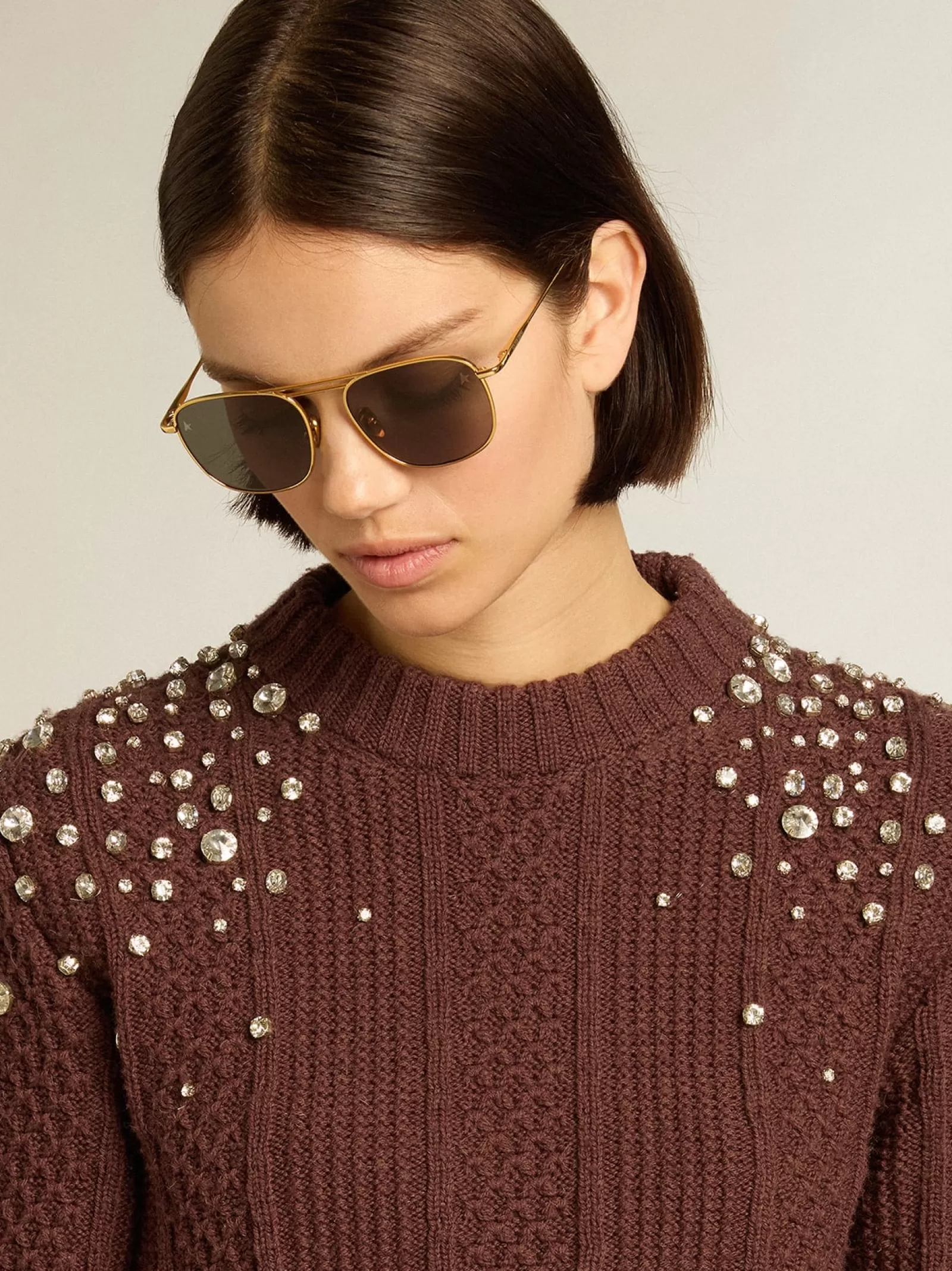 Pull cropped en laine bordeaux avec cristaux appliqués | Golden Goose New