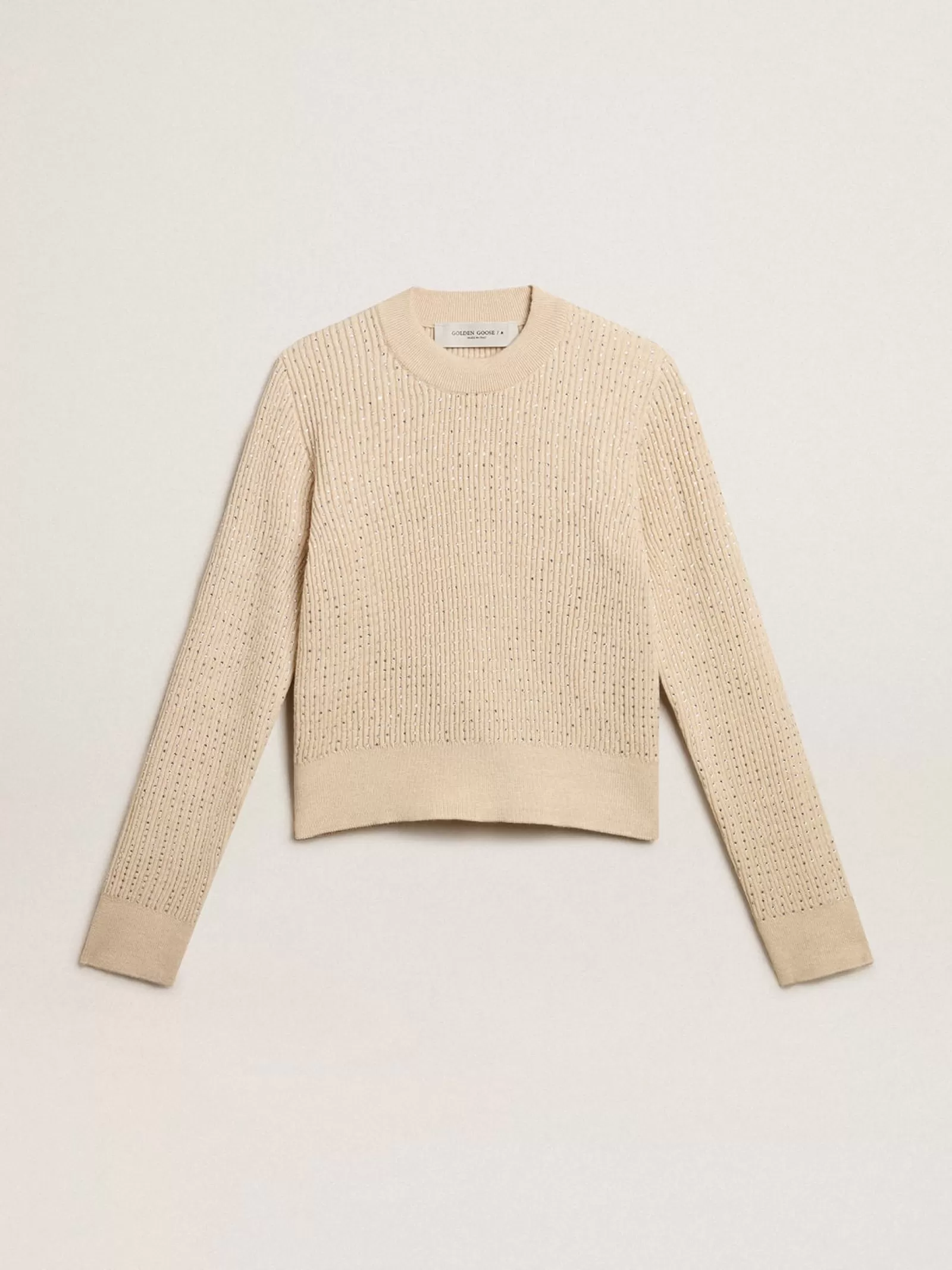 Pull cropped ras-du-cou en laine beige avec cristaux all-over | Golden Goose Shop