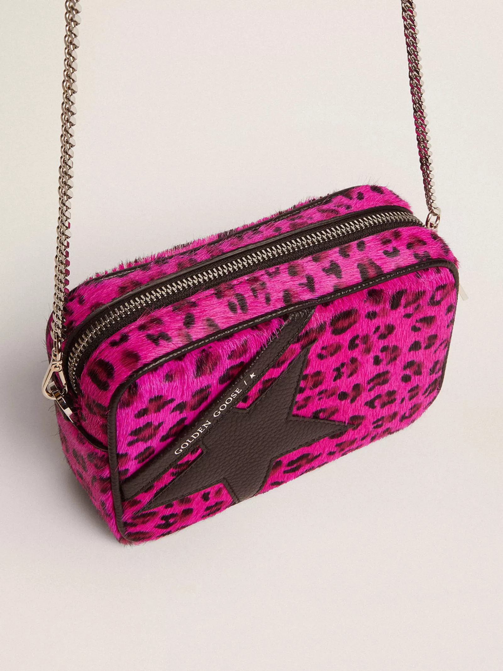 Sac Mini Star Bag en cuir façon poulain à imprimé léopard fuchsia avec étoile en cuir noir | Golden Goose Discount
