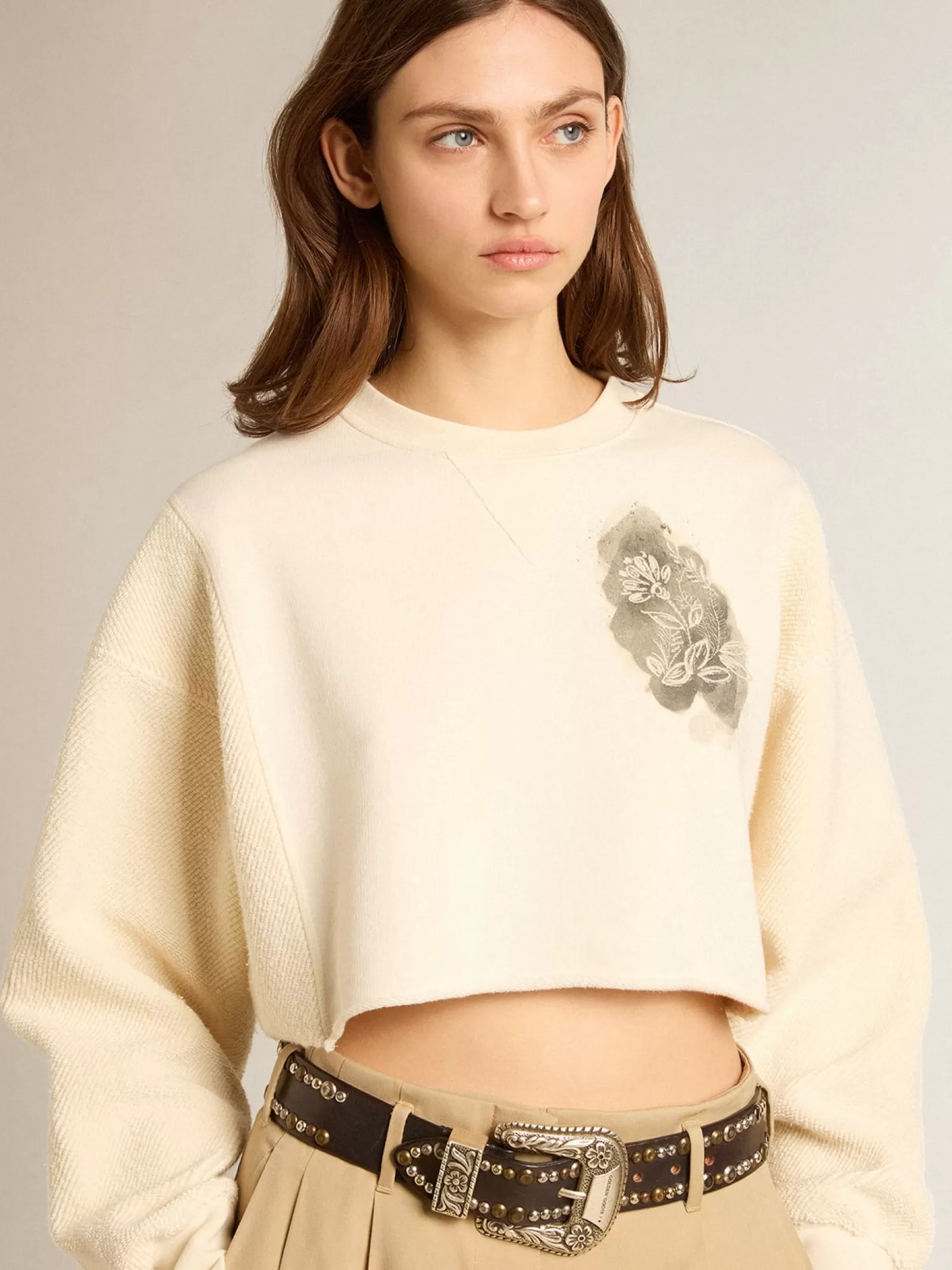 Sweat-shirt cropped en coton blanc vieilli | Golden Goose Cheap