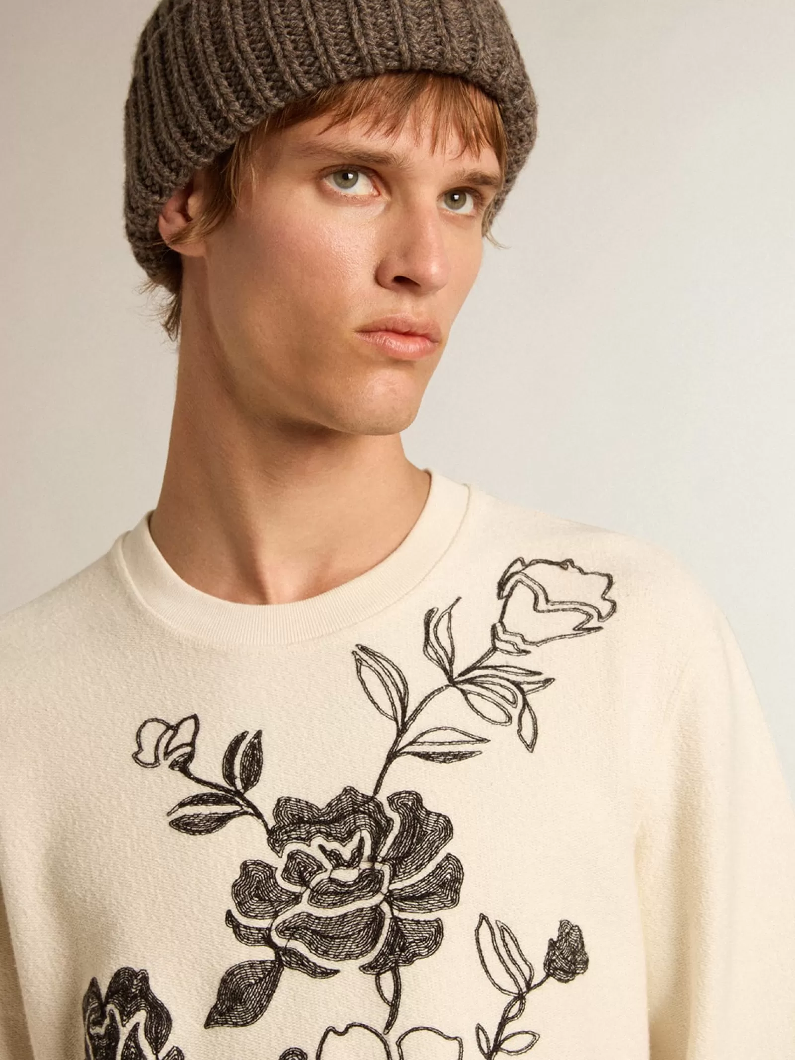 Sweat-shirt en coton blanc vieilli avec broderie | Golden Goose Shop