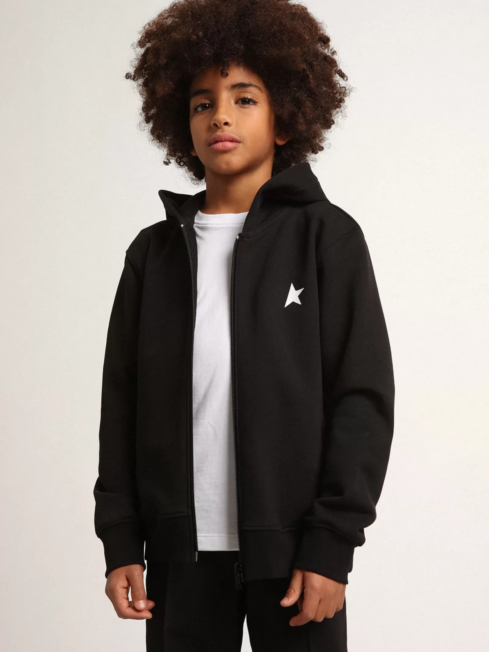 Sweat-shirt noir à capuche avec étoile et logo blancs contrastés | Golden Goose Cheap