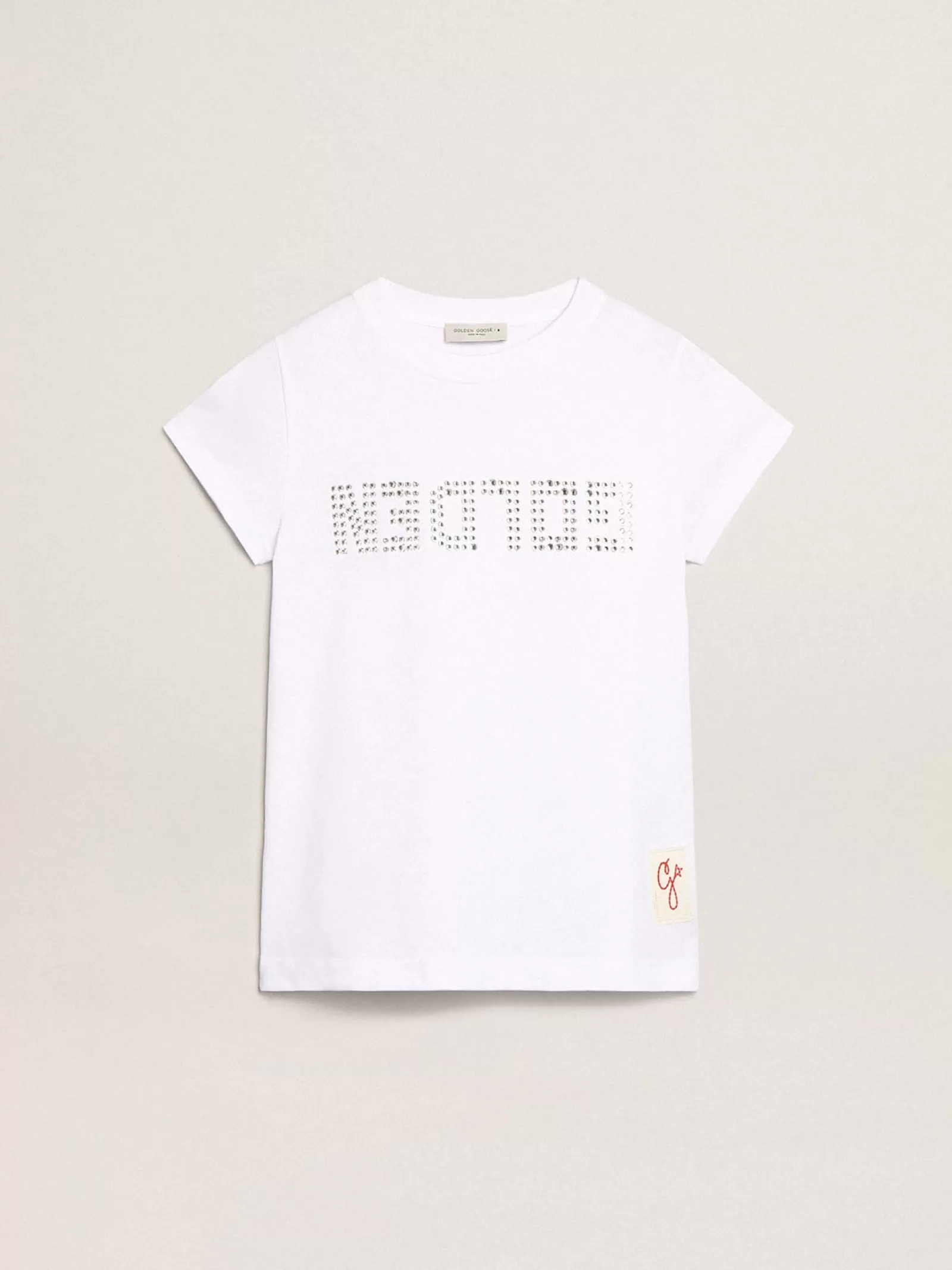 T-shirt blanc avec inscription Golden en cristaux au centre | Golden Goose Sale