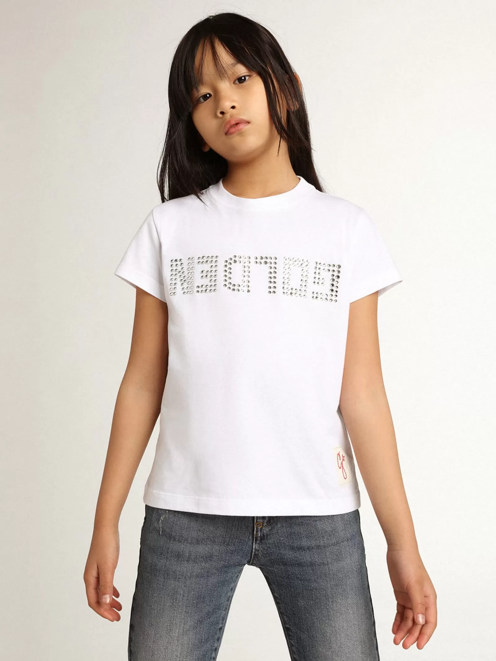 T-shirt blanc avec inscription Golden en cristaux au centre | Golden Goose Sale