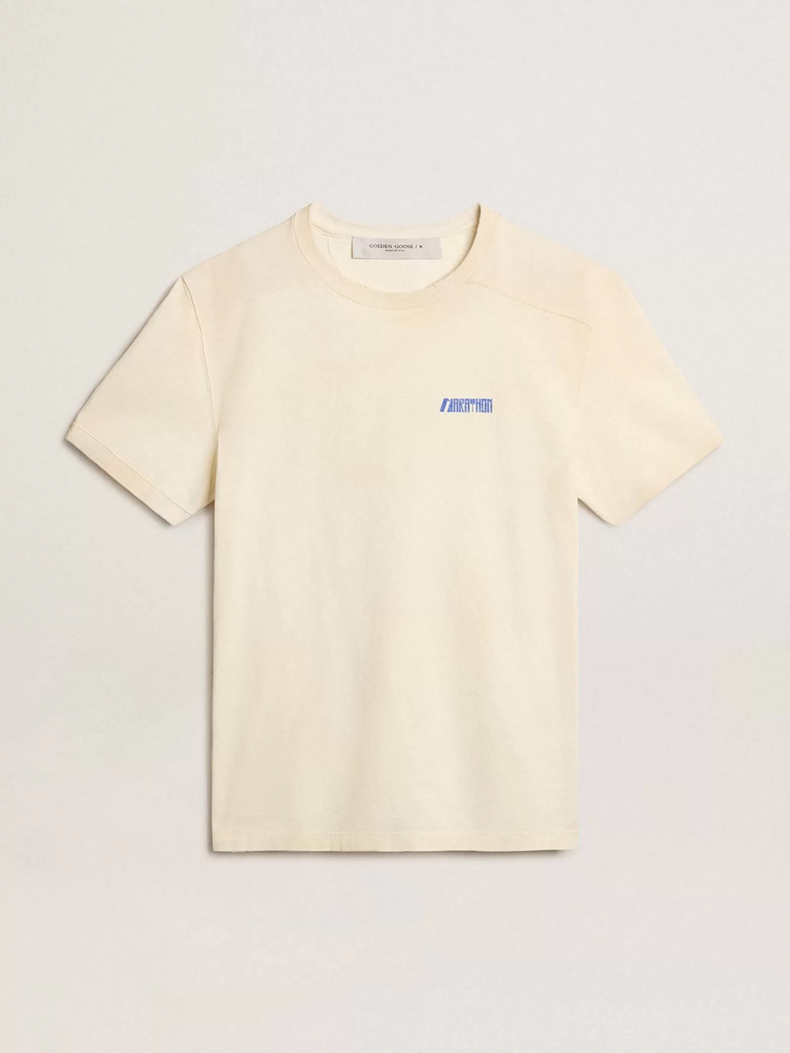 T-shirt en coton blanc vieilli avec logo Marathon bleu | Golden Goose Cheap