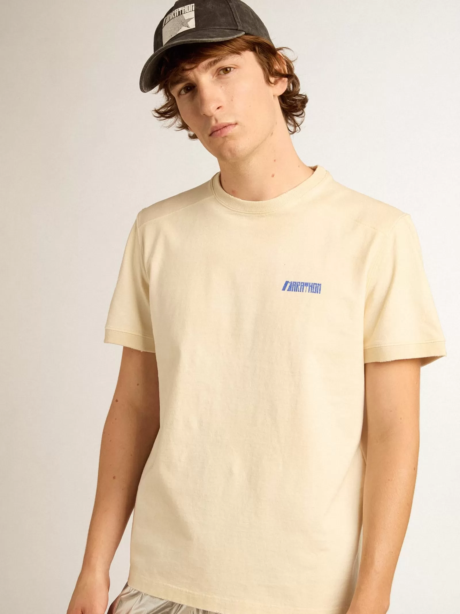 T-shirt en coton blanc vieilli avec logo Marathon bleu | Golden Goose Cheap