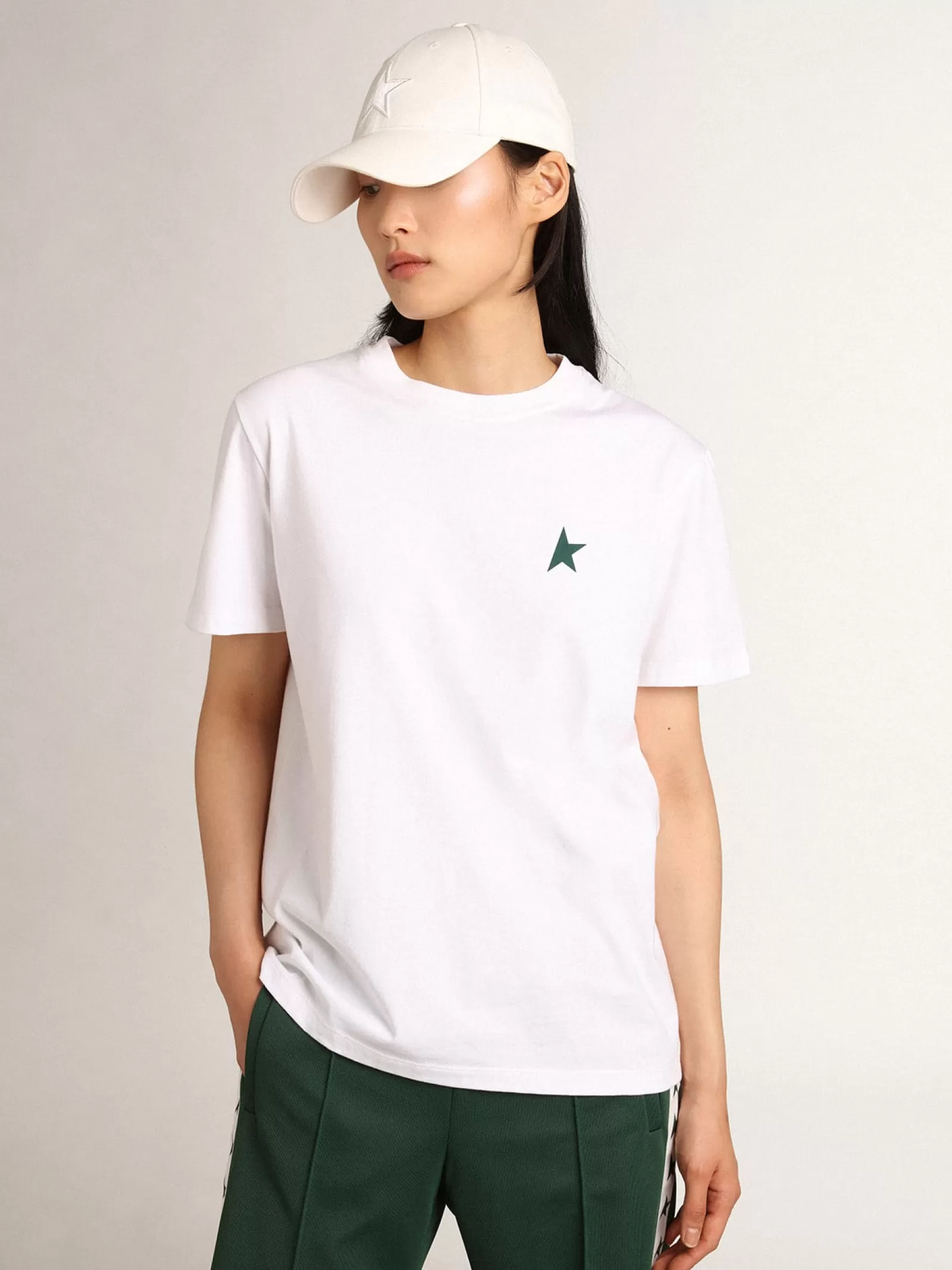 T-shirt femme blanc avec étoile verte sur le devant | Golden Goose Best