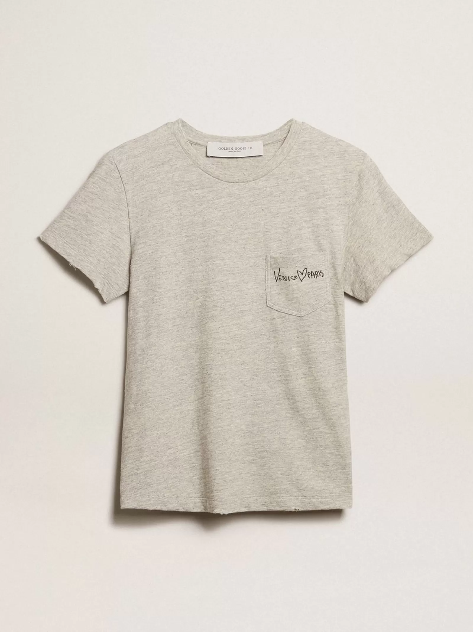 T-shirt femme en coton gris chiné avec inscription brodée | Golden Goose Store