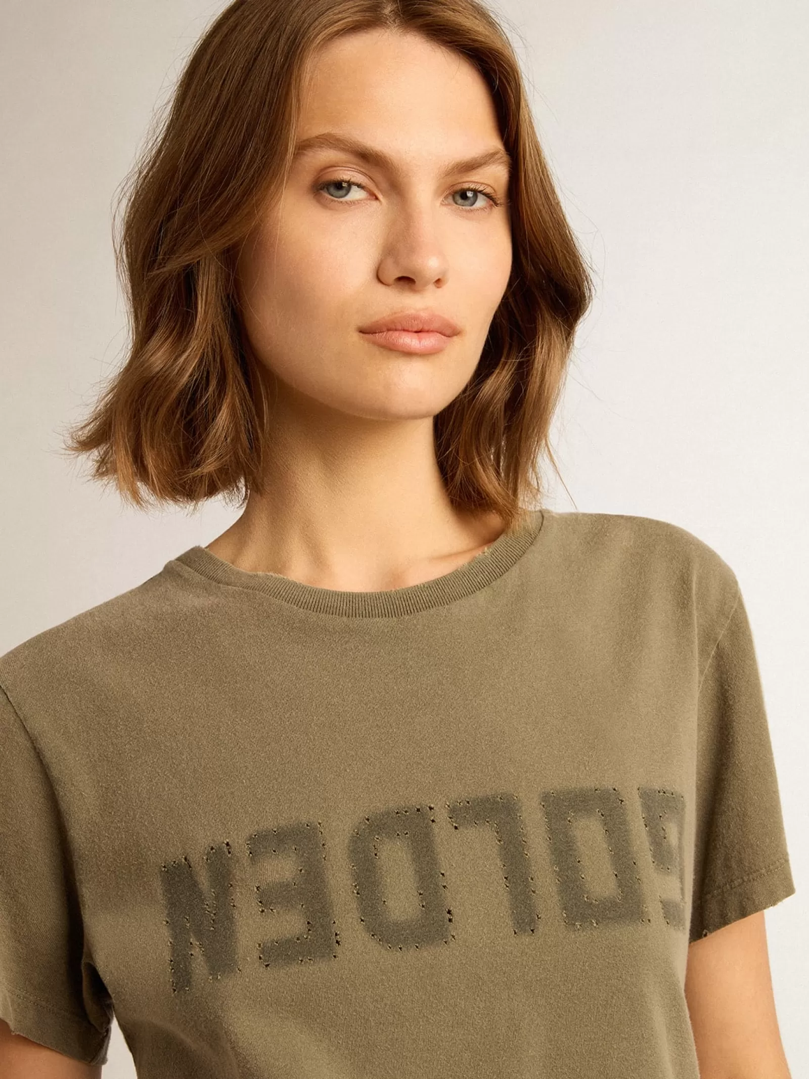 T-shirt femme vert olive avec inscription Golden | Golden Goose Discount