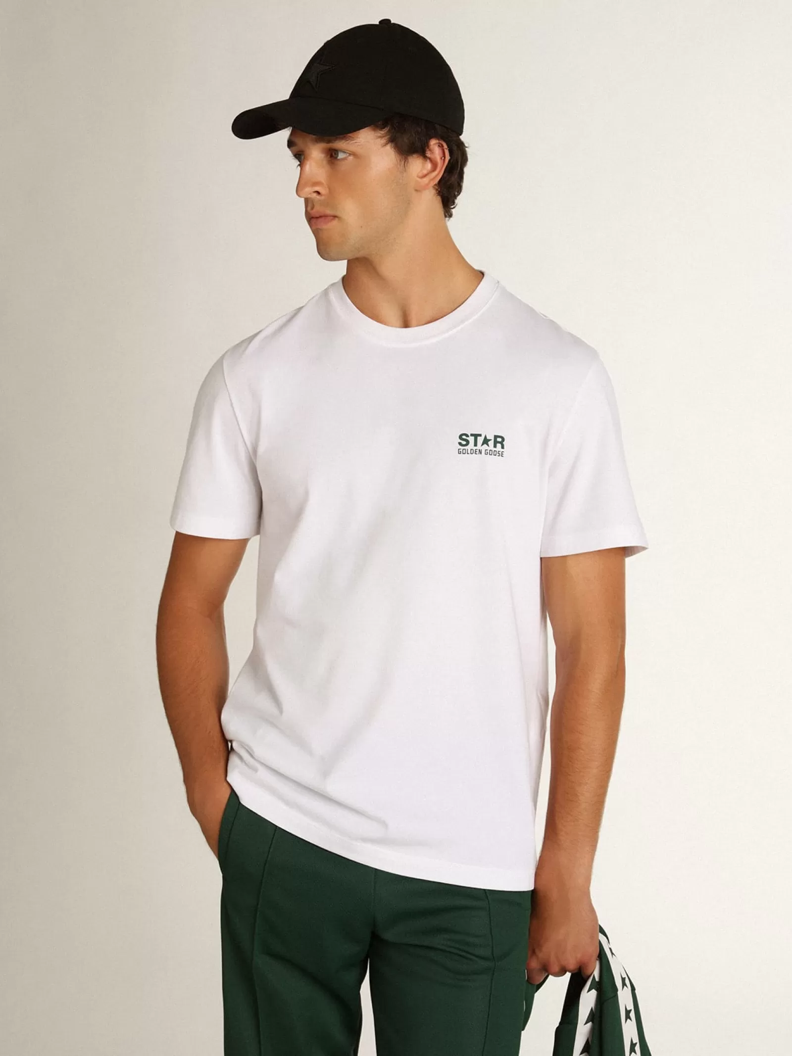 T-shirt homme blanc avec logo et étoile verts contrastés | Golden Goose Best Sale