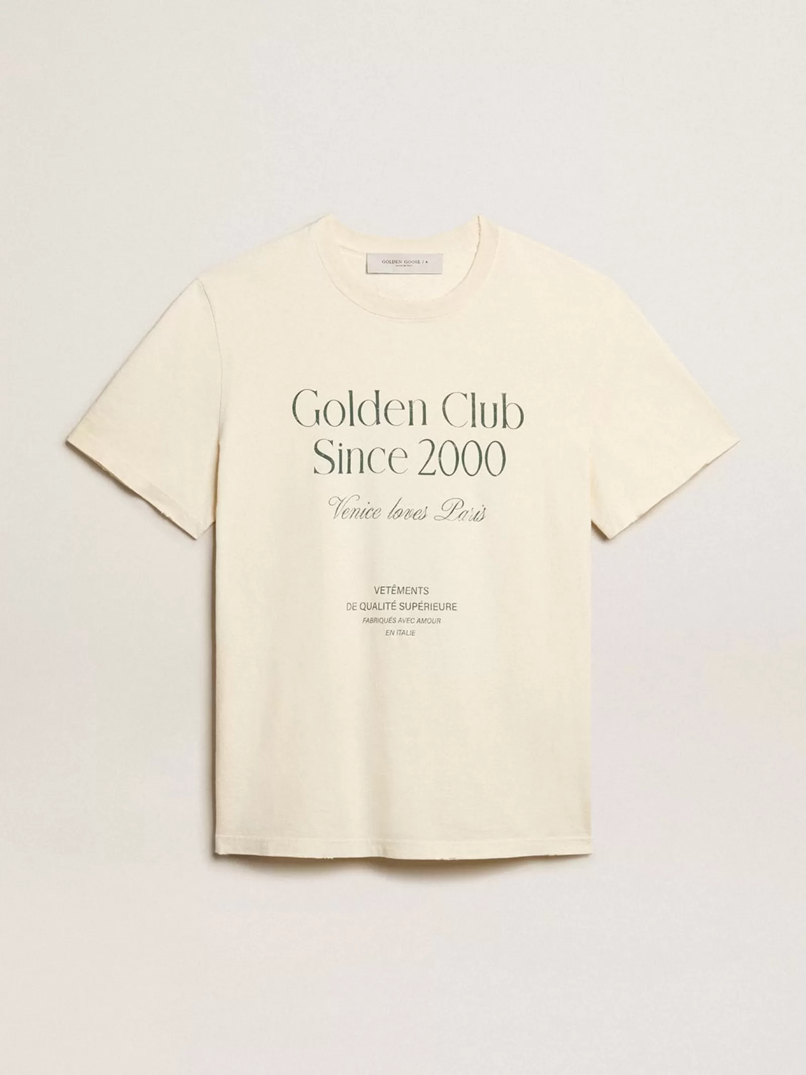 T-shirt homme en coton blanc vieilli avec inscription verte | Golden Goose Sale