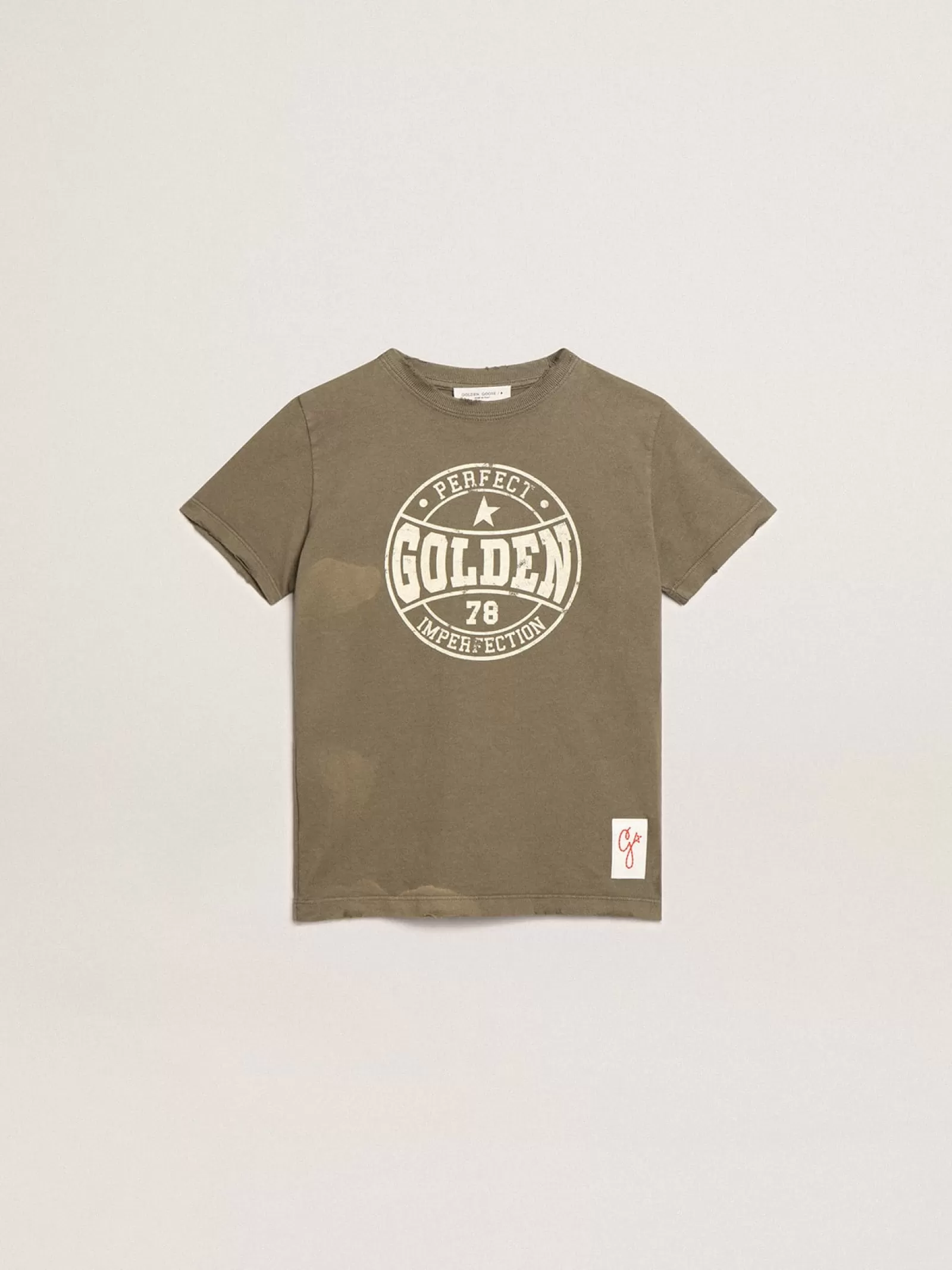 T-shirt olive pour garçon avec logo blanc imprimé au centre | Golden Goose Online
