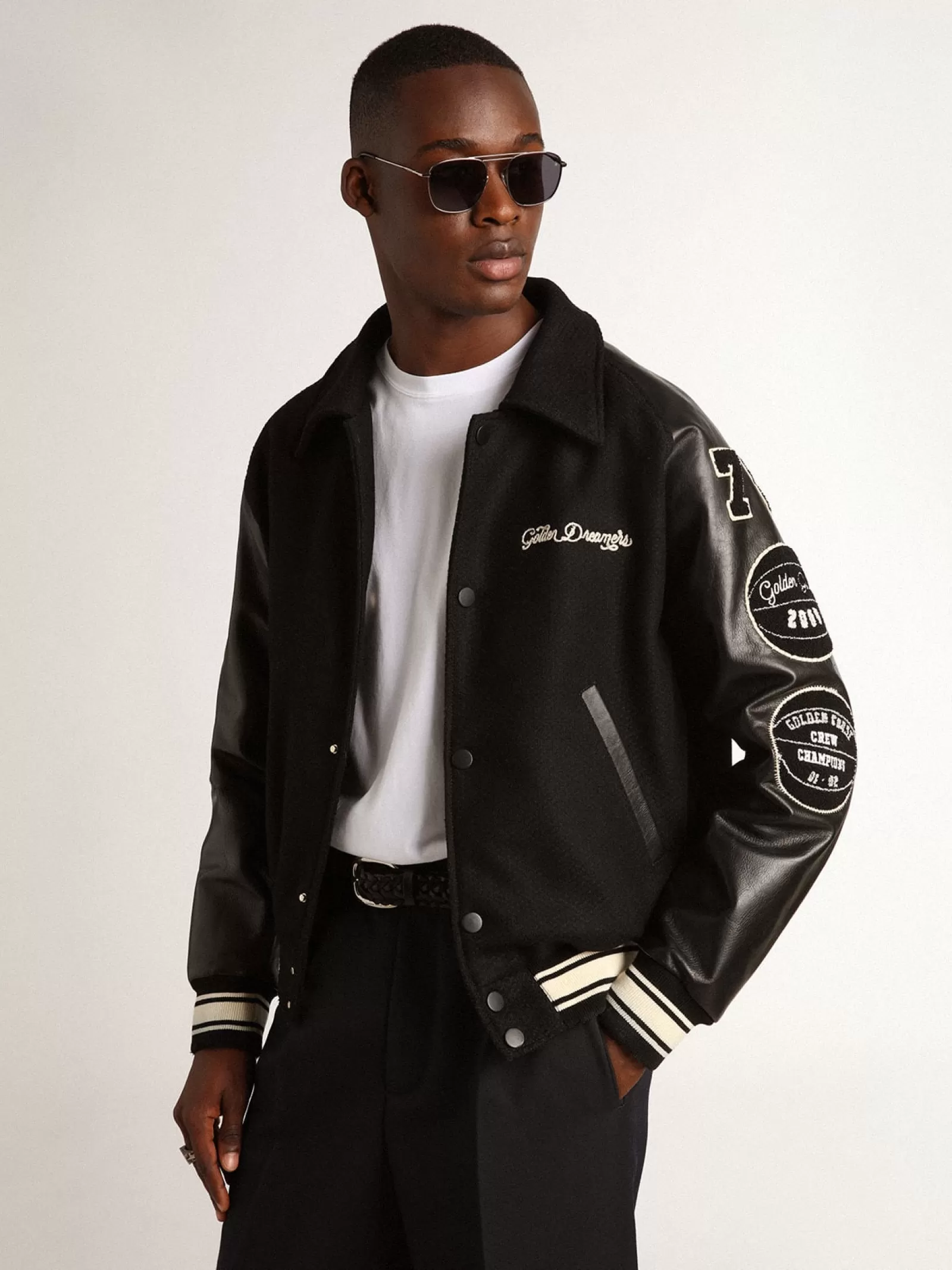 Veste bomber en laine noire avec patch | Golden Goose Online