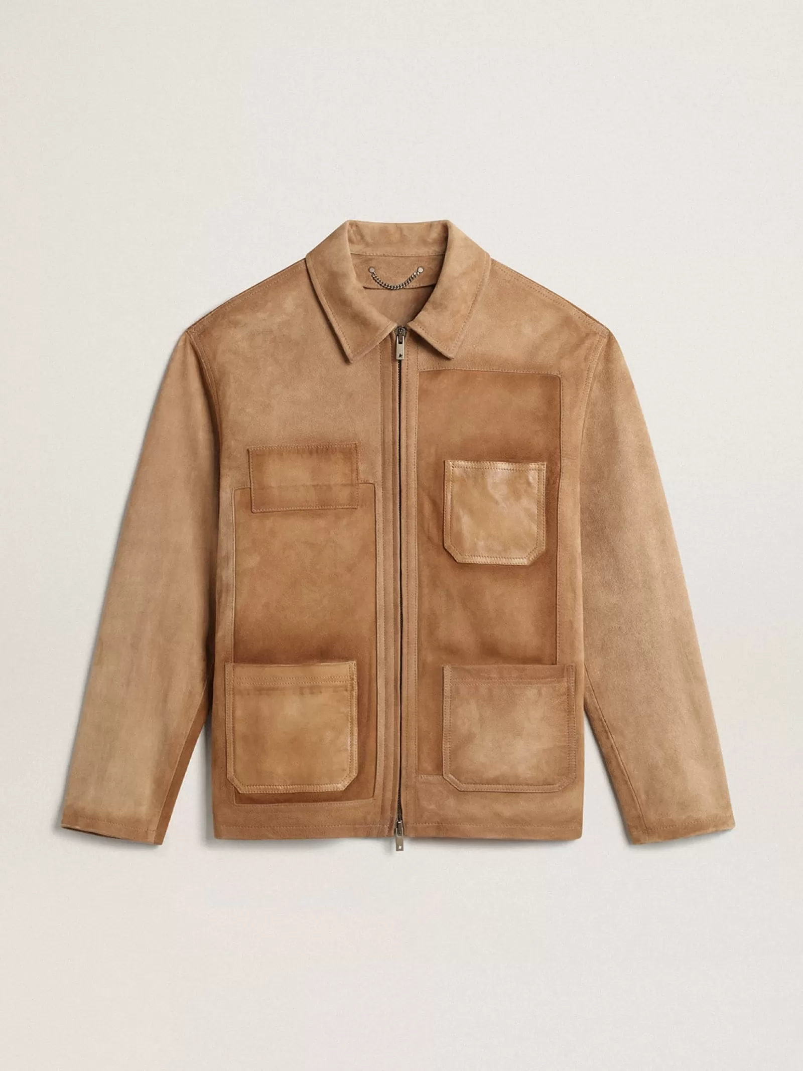 Veste couleur sable en cuir avec patchs et fermeture à glissière | Golden Goose Fashion