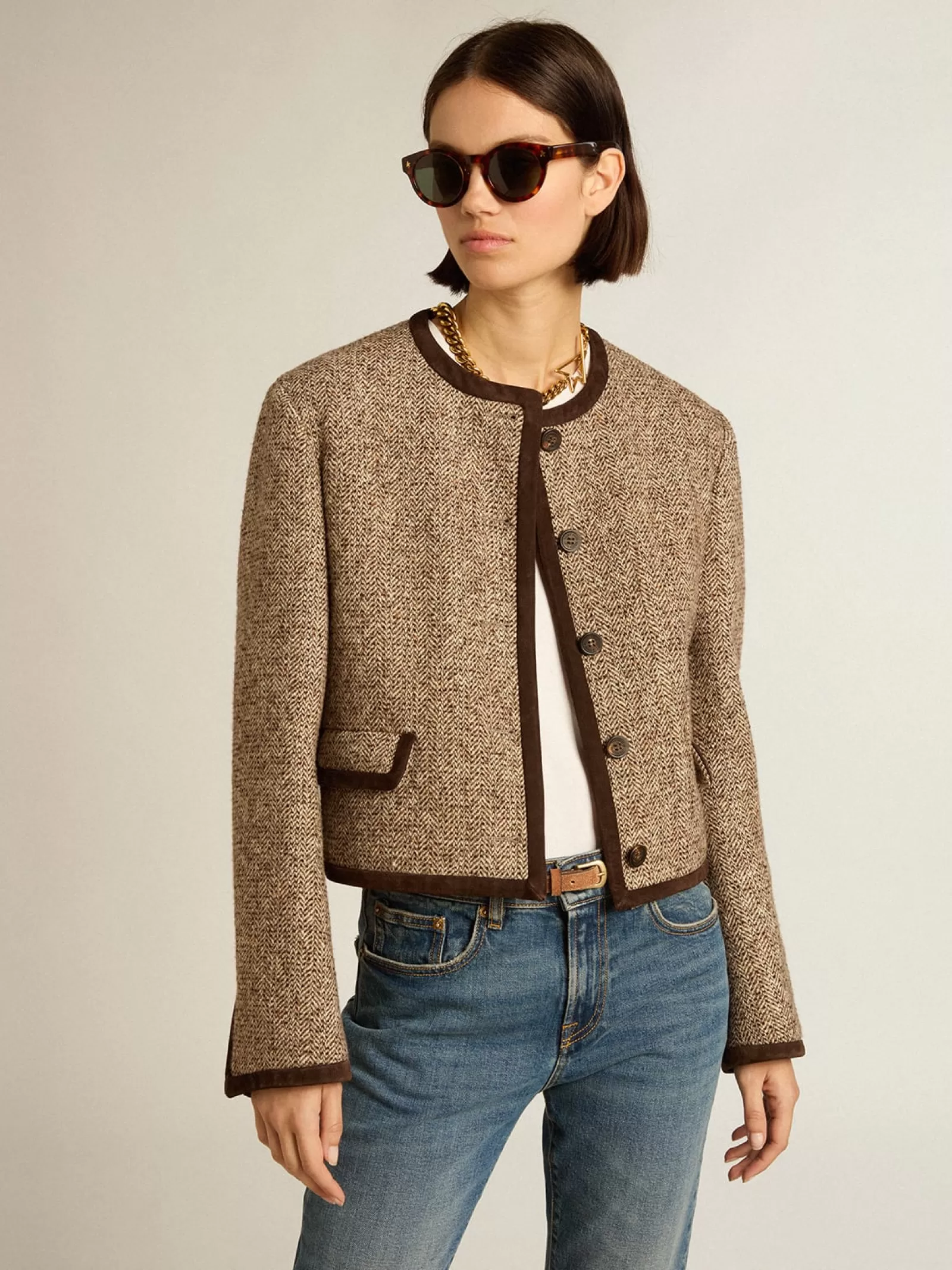 Veste cropped marron à fermeture boutonnée | Golden Goose Online