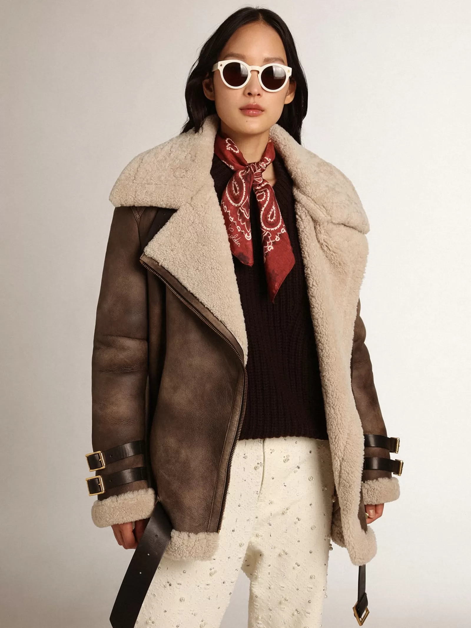 Veste en cuir femme avec col en shearling | Golden Goose Outlet