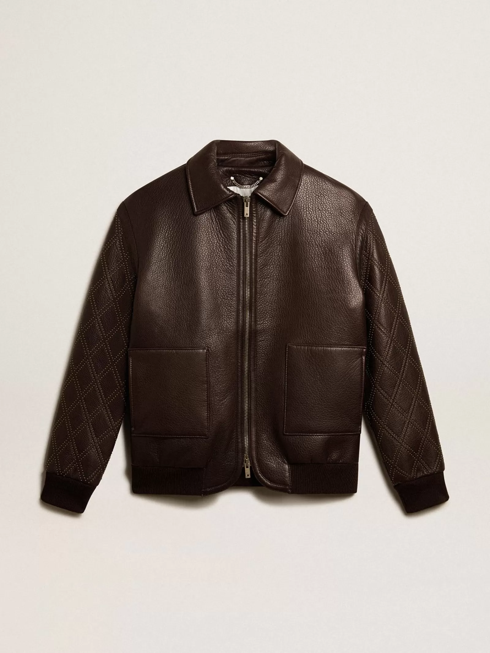 Veste en cuir nappa marron avec manches à cabochons | Golden Goose Sale