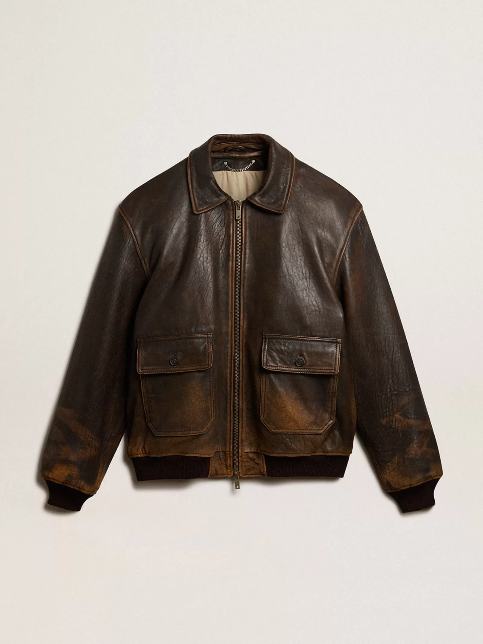 Veste style aviateur en cuir marron | Golden Goose New