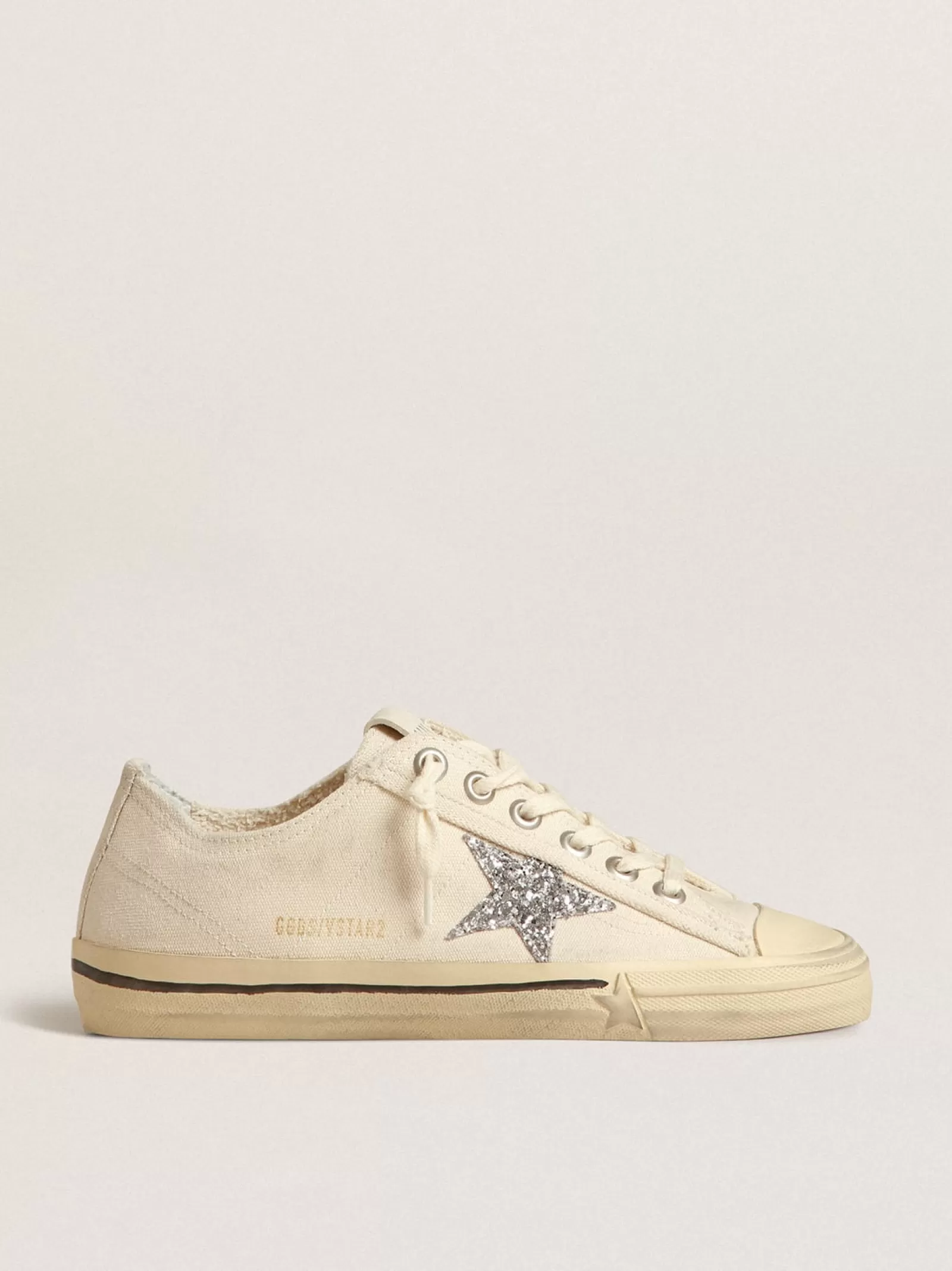 V-Star en toile beige avec étoile à paillettes argentées | Golden Goose New